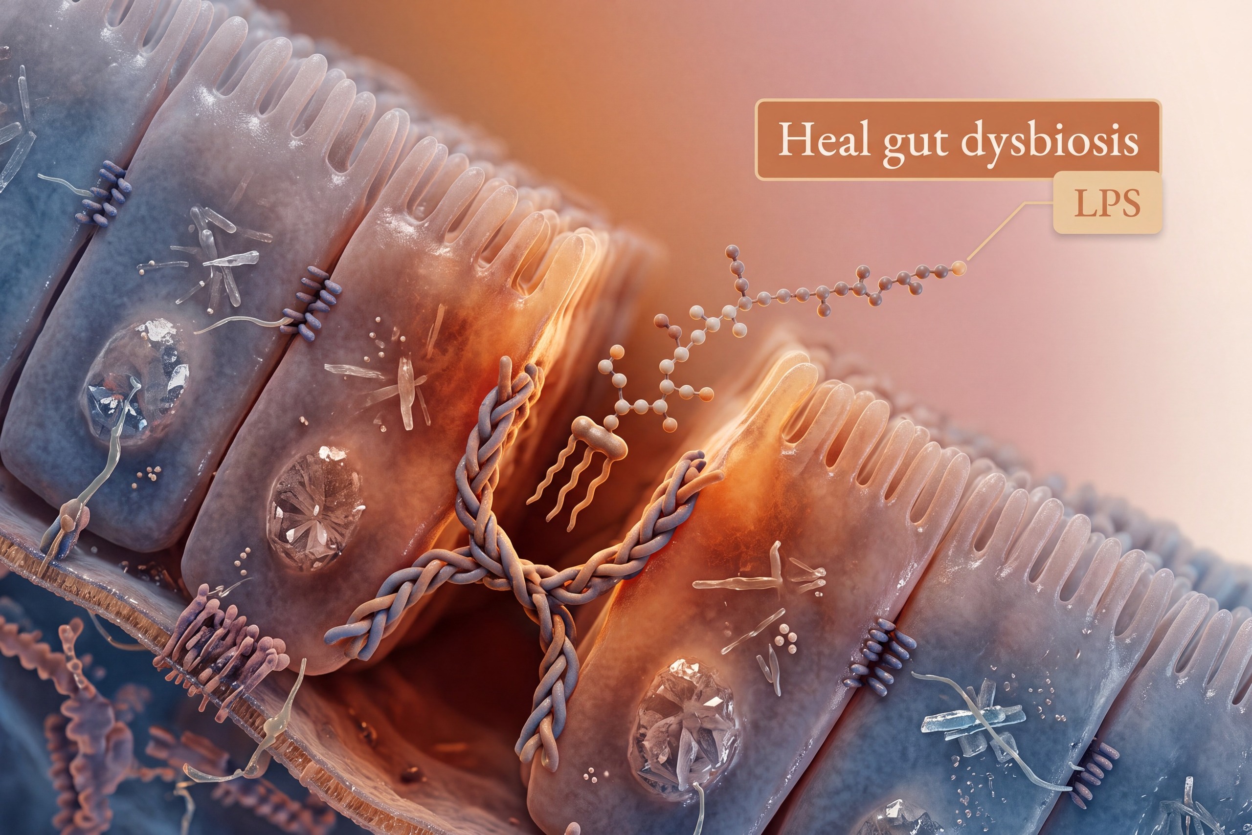 Extreme macro of a loosened intestinal tight junction with an LPS molecule crossing through, illustrating gut dysbiosis
