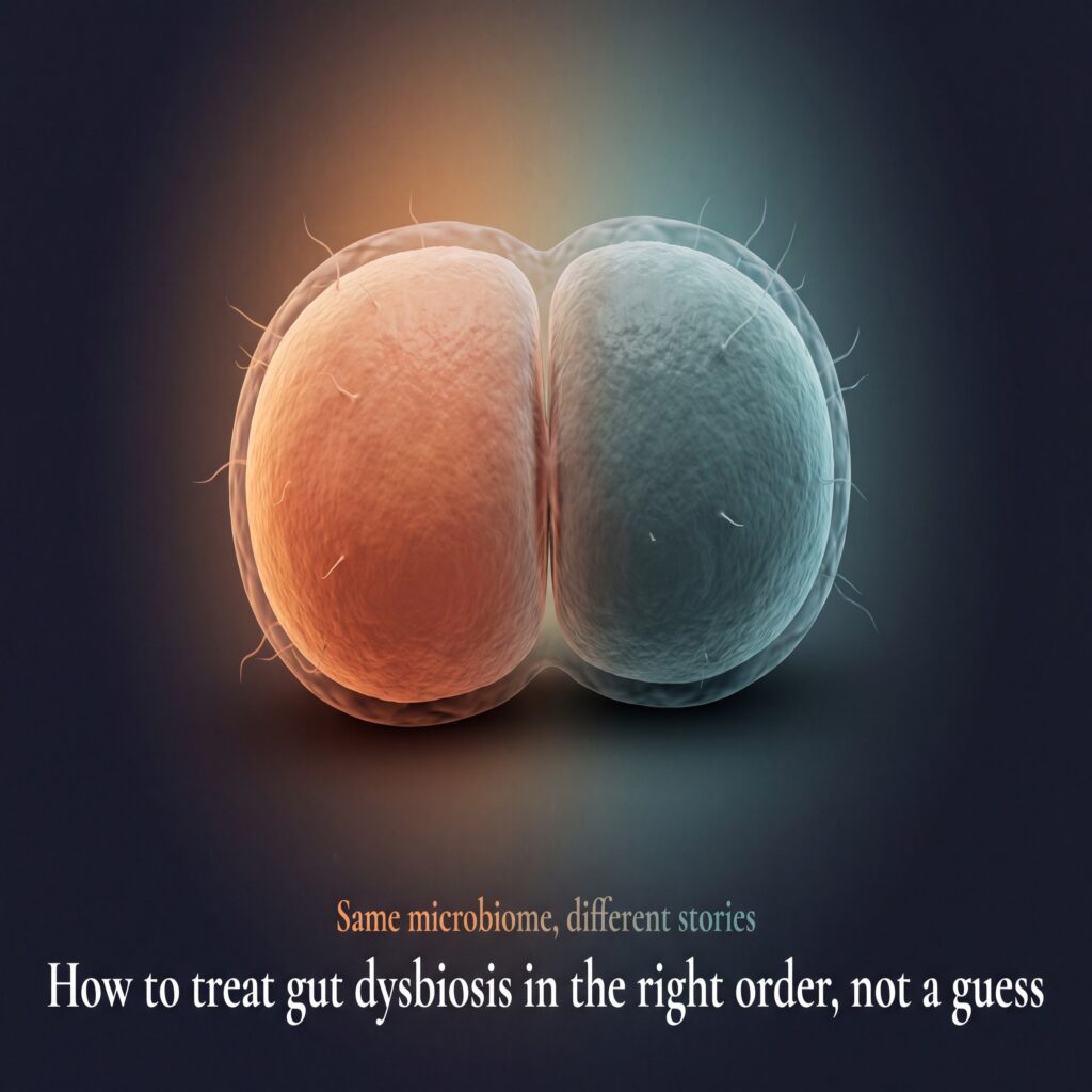 Akkermansia muciniphila cell dividing into two daughter cells with warm and cool lighting, illustrating how to treat gut dysbiosis with a personalized sequence
