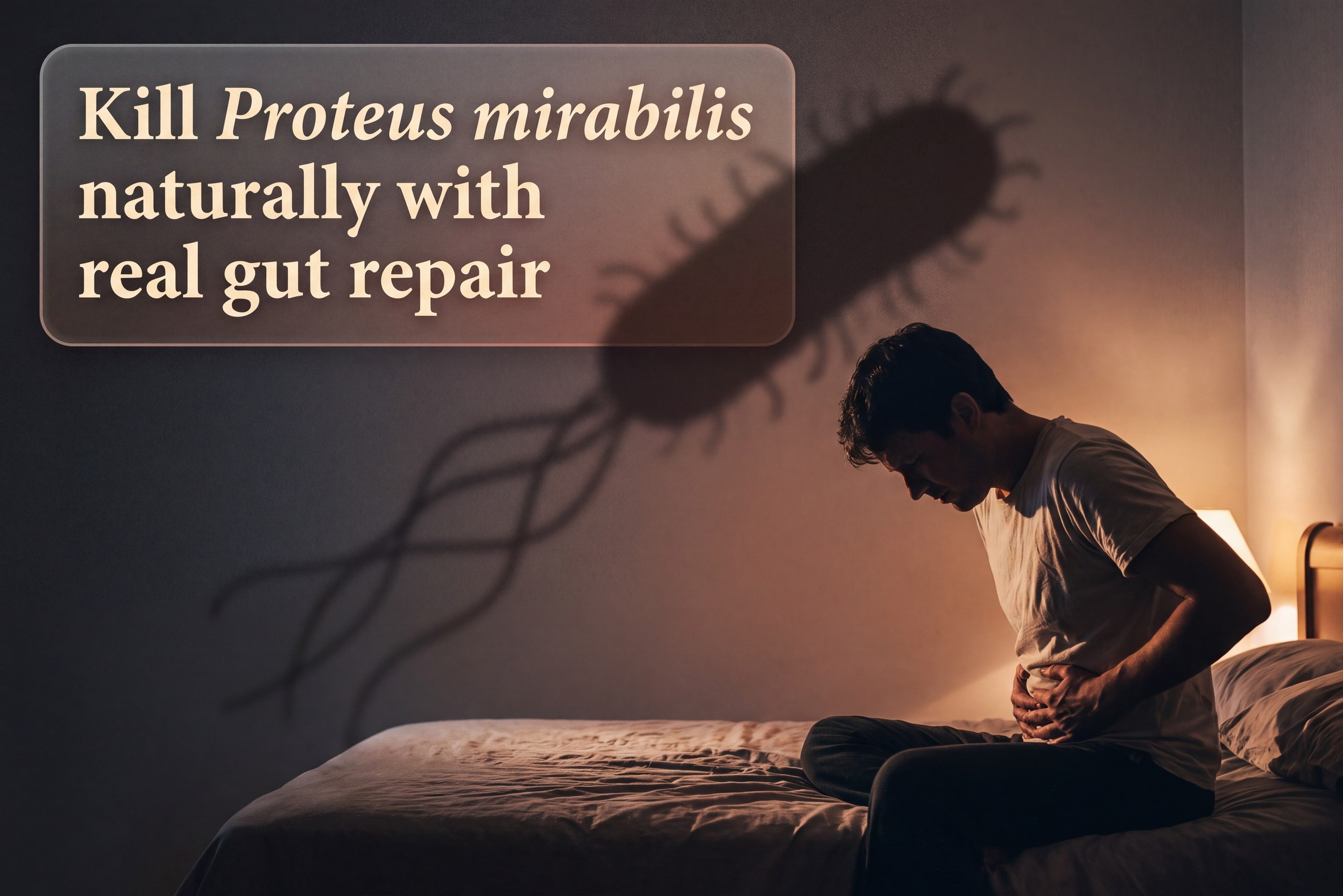 Kill Proteus mirabilis naturally: person holding their lower abdomen at night, symbolizing recurrent UTI pain