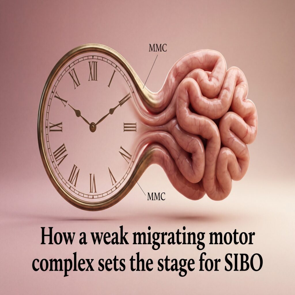 How a weak migrating motor complex sets the stage for SIBO, shown as an antique clock dissolving into a coiled small intestine
