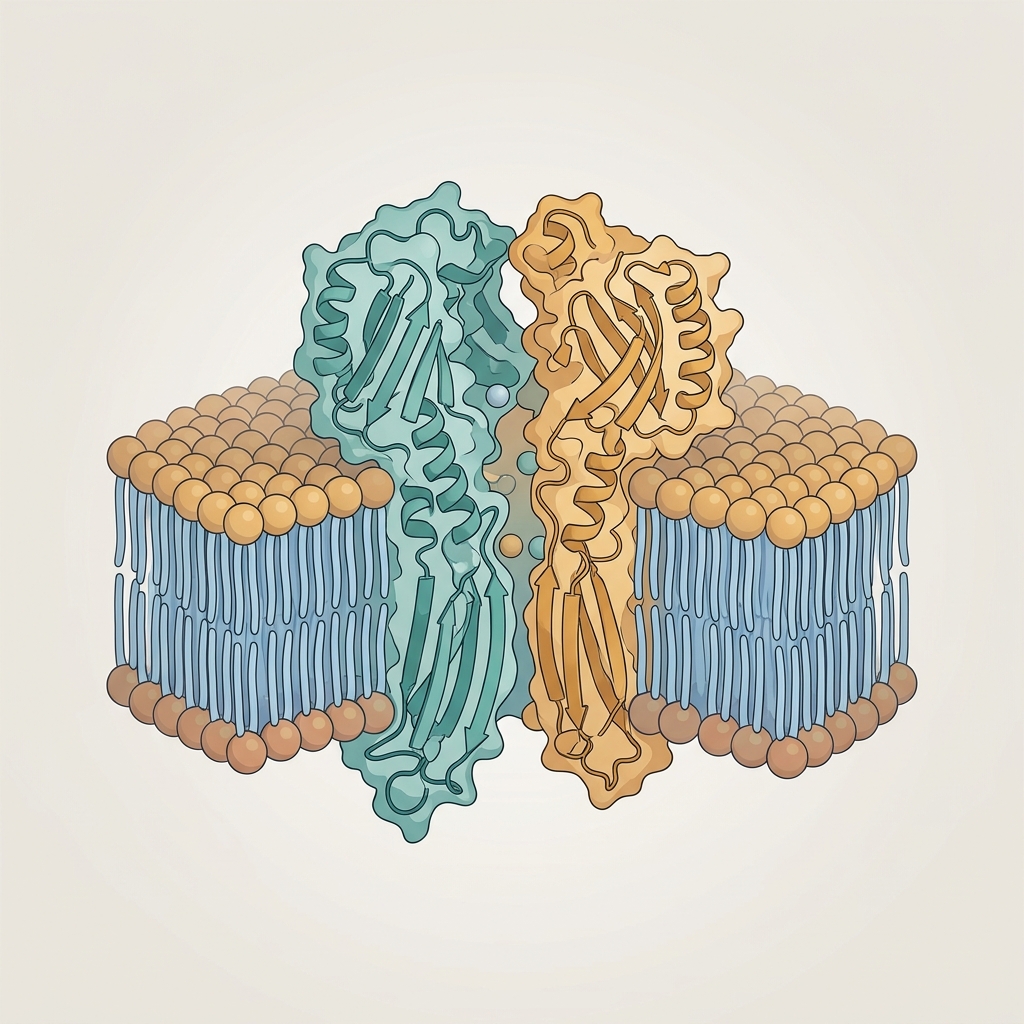 Hemolysin toxin forming a pore in a cell membrane, rendered in a molecular biology textbook style