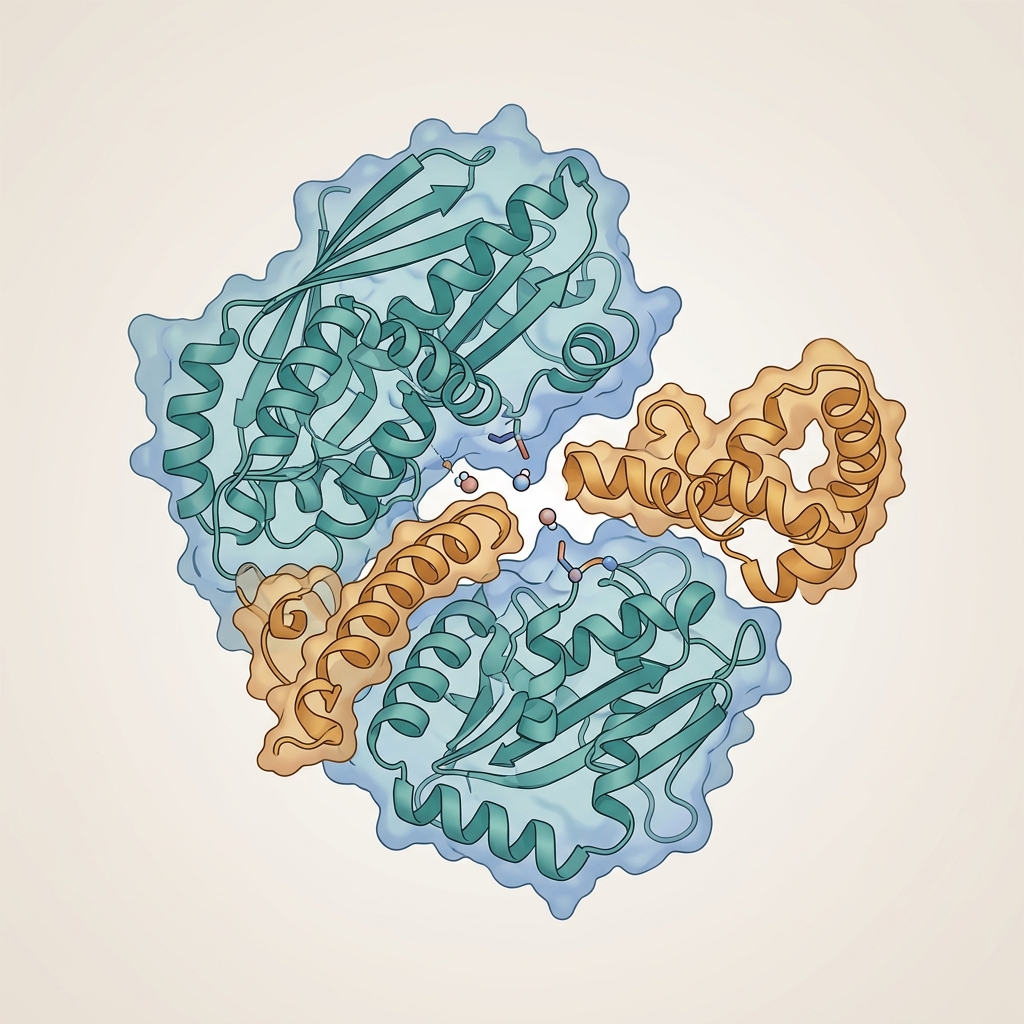 Protease enzyme cleaving a protein strand, rendered in a molecular biology textbook style