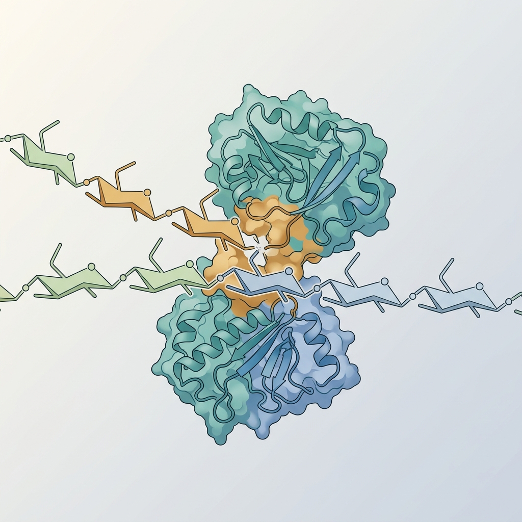 Pullulanase enzyme cleaving a starch chain, rendered in a molecular biology textbook style