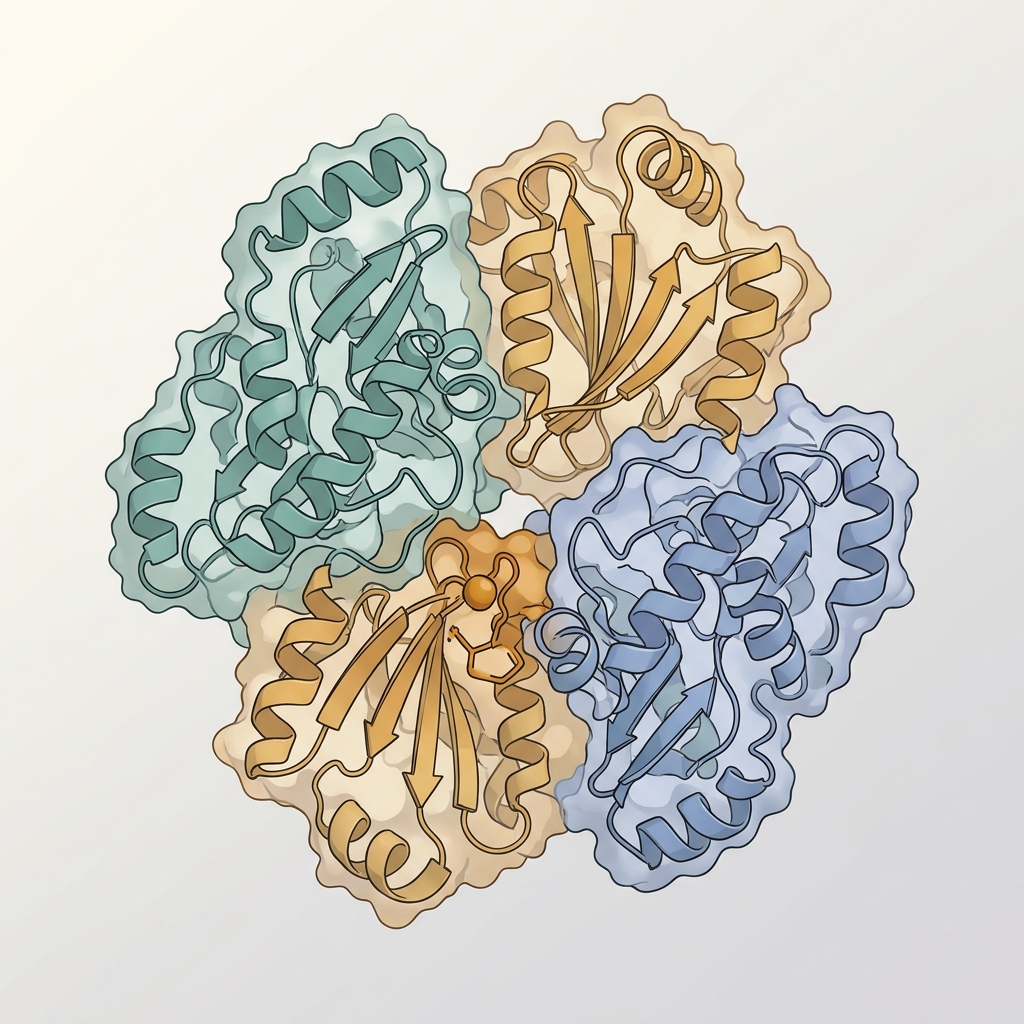 Urease enzyme molecule rendered in a molecular biology textbook illustration style