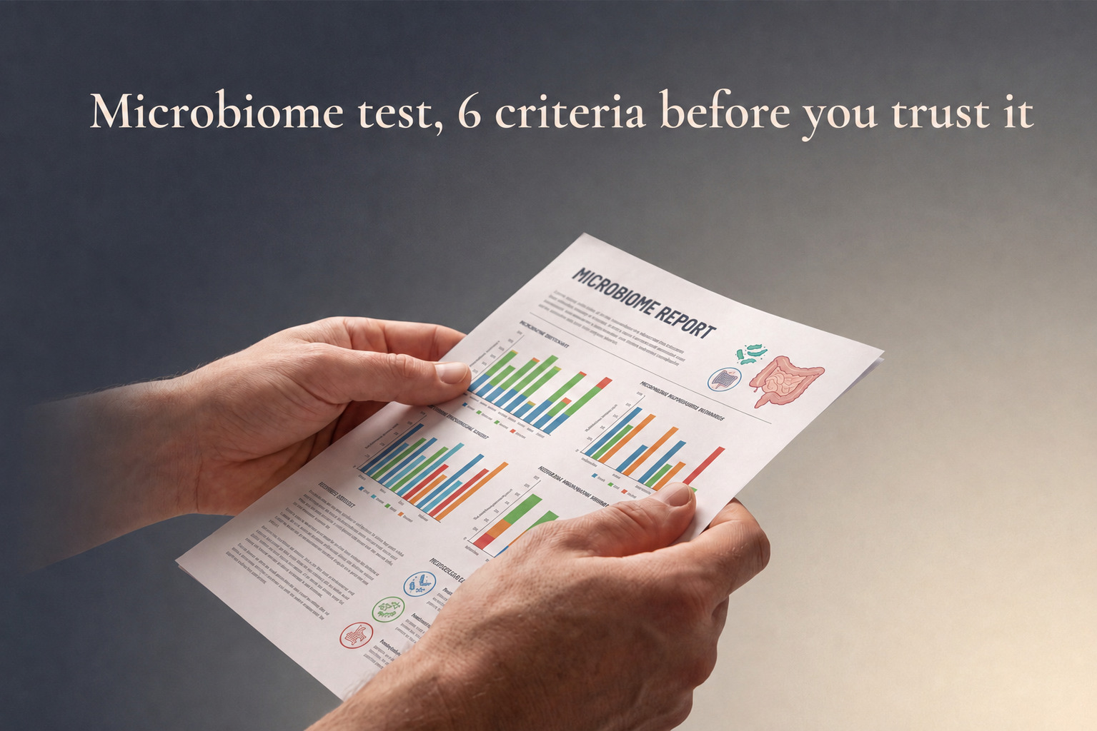 Hands holding a printed microbiome lab report with colorful bar charts