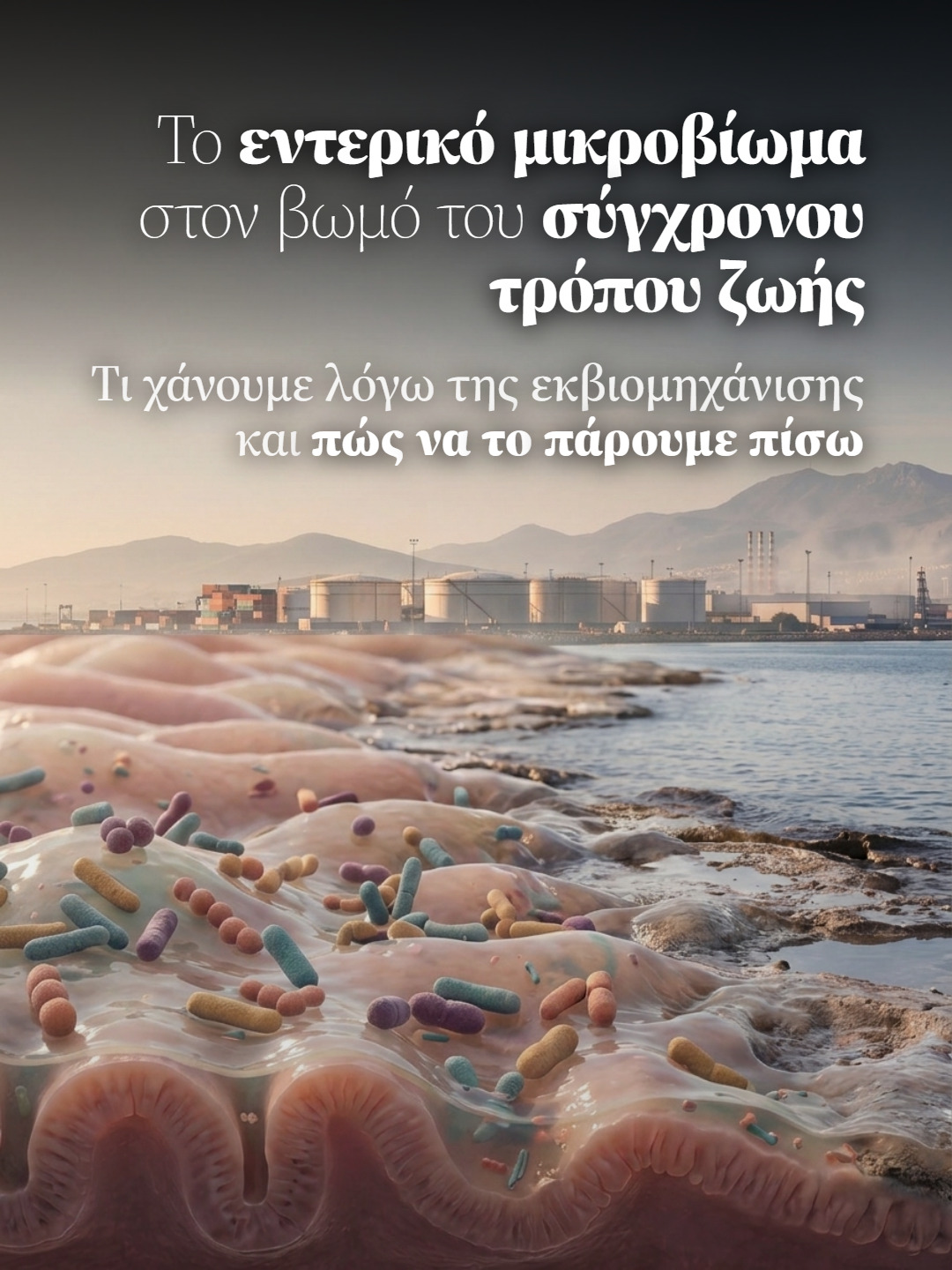 Συμβολική απεικόνιση εντερικού βλεννογόνου με πολύχρωμα βακτήρια δίπλα σε βιομηχανική ακτή και βουνά.