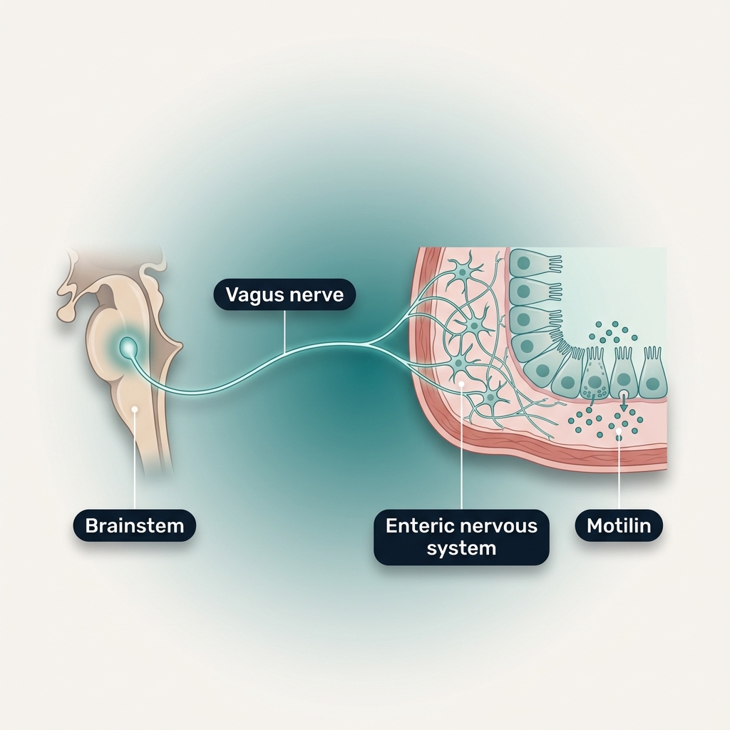 Diagram showing how the brainstem, vagus nerve, enteric nervous system, and motilin-secreting cells trigger the migrating motor complex