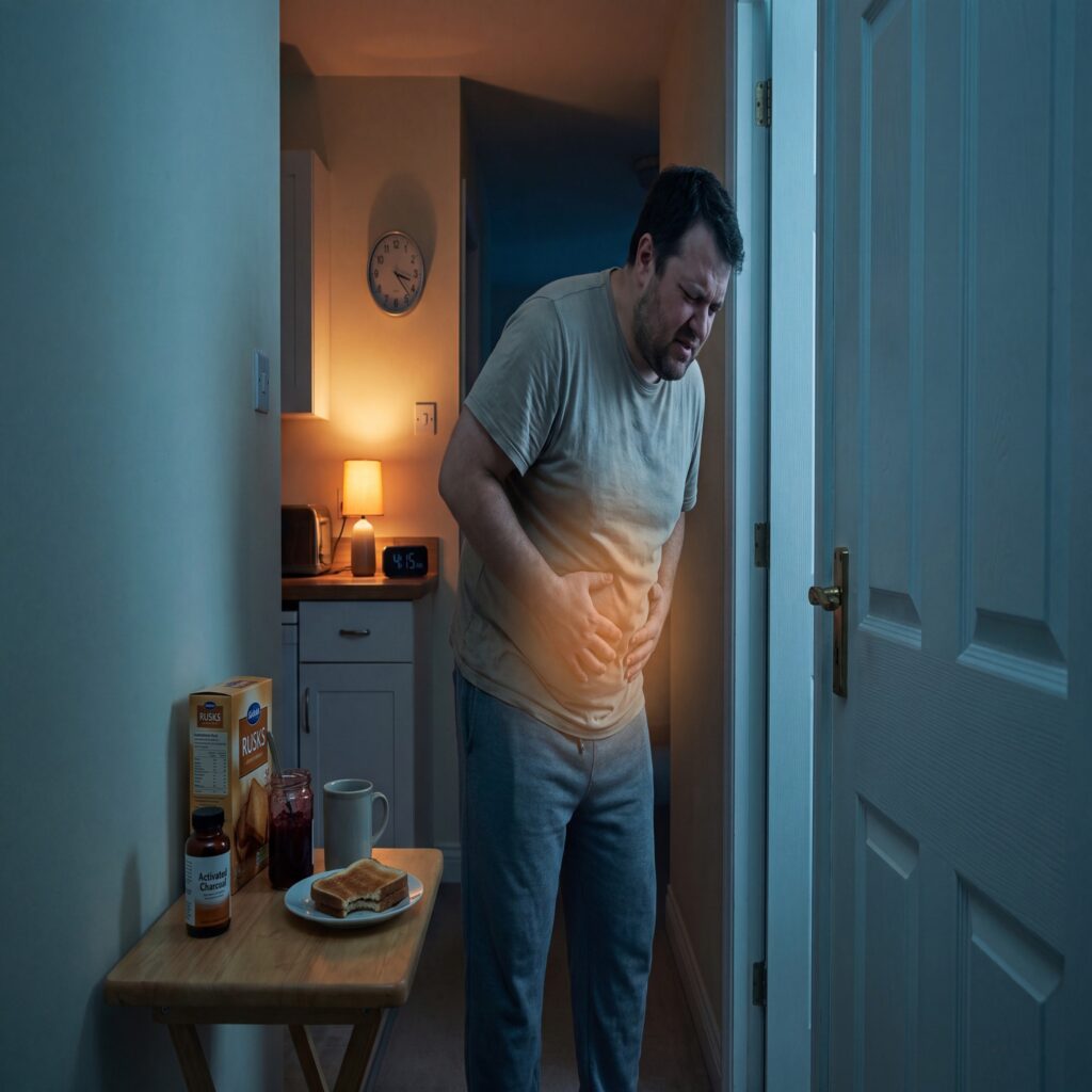 Textless editorial image of a tired heavyset man before dawn, suggesting repeated morning bowel urgency and bloating.
