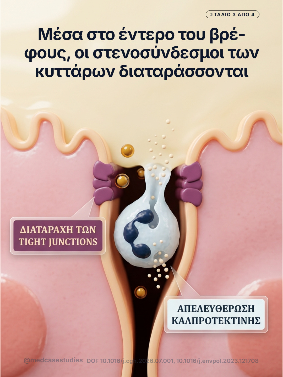 Σχηματικό εντερικού επιθηλίου με διαταραγμένες στενές συνδέσεις, σωματίδια και κύτταρο που απελευθερώνει καλπροτεκτίνη.