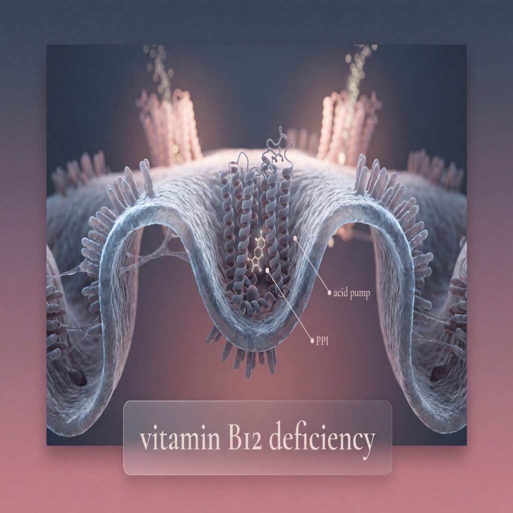 Proton pump inhibitor molecule blocking a gastric acid pump, linked to vitamin B12 deficiency
