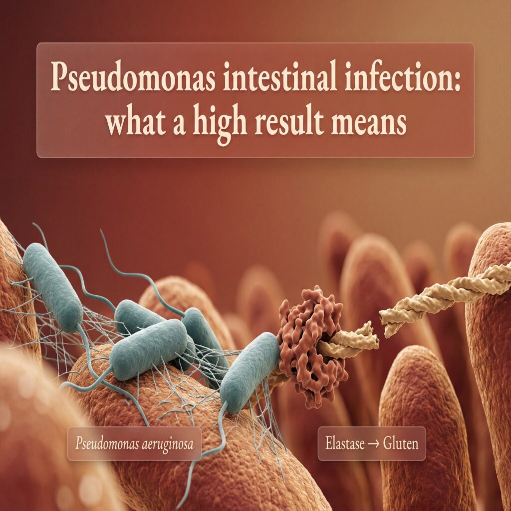 Pseudomonas aeruginosa biofilm and elastase enzyme cutting a gluten strand near duodenal villi, illustrating a pseudomonas intestinal infection