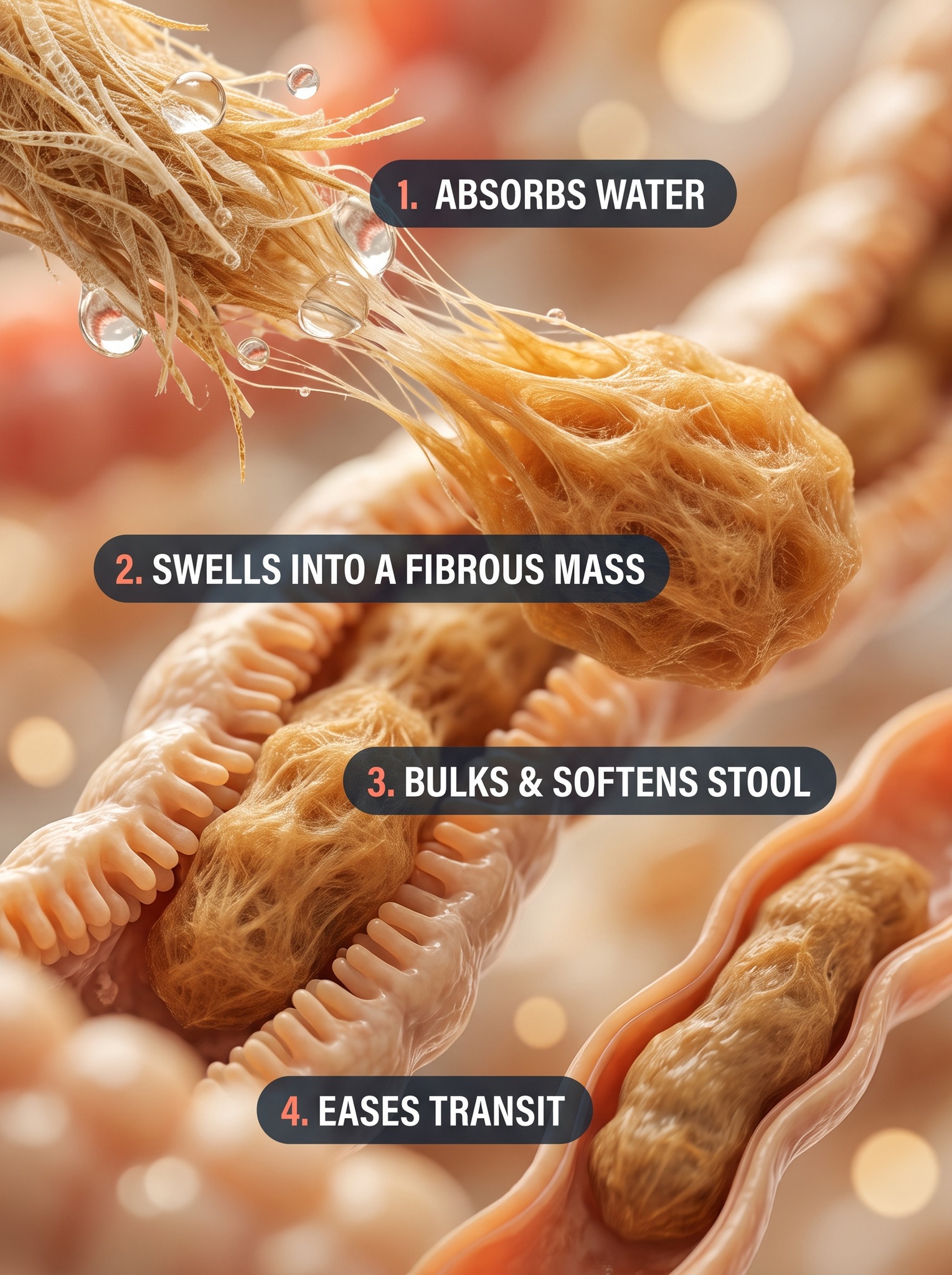 Four steps showing how psyllium fiber absorbs water, bulks, and eases IBS transit