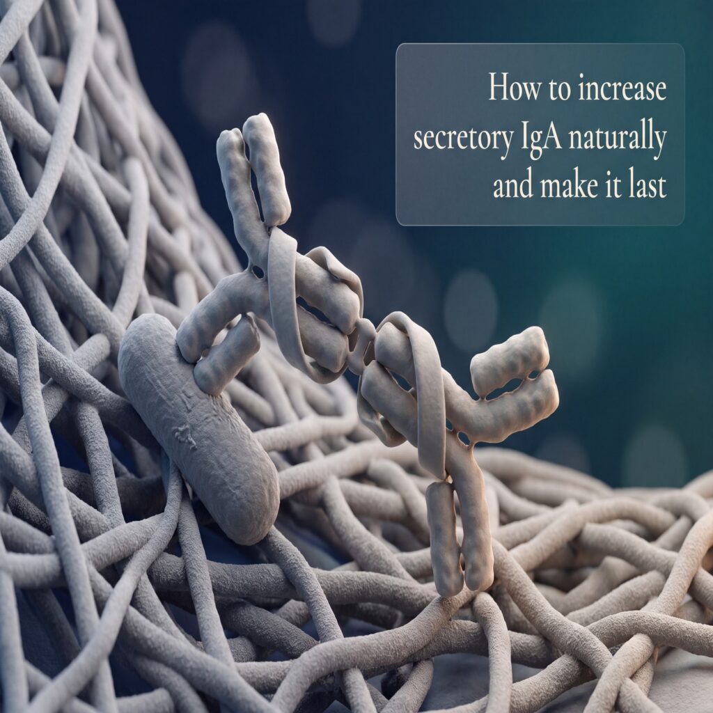 How to increase secretory IgA: extreme macro of a secretory IgA antibody trapping a bacterium in the gut mucus layer