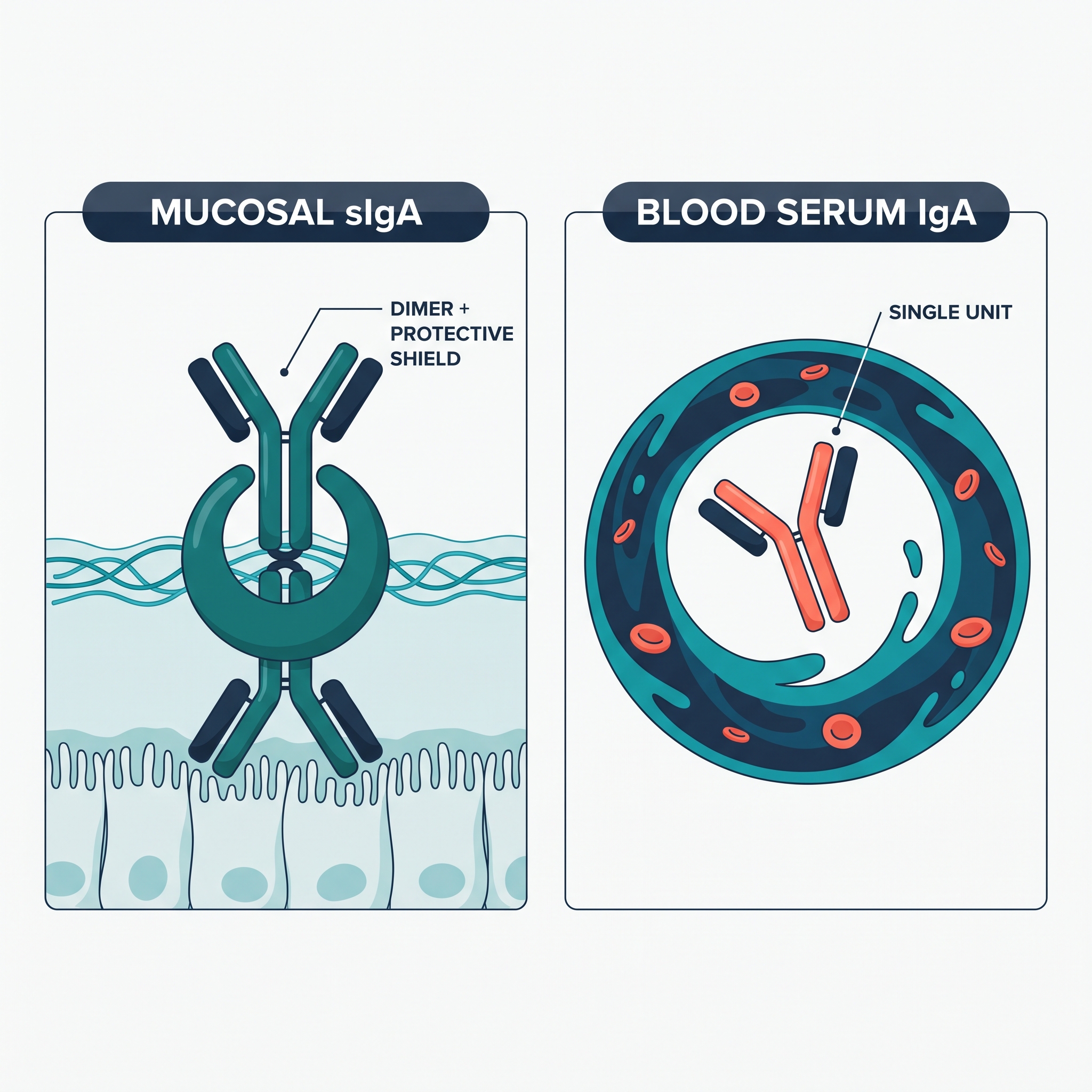 Infographic comparing mucosal secretory IgA to blood serum IgA, showing structure, location and role