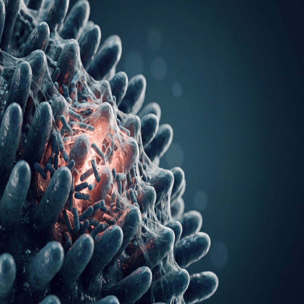 Extreme macro art of small intestine villi crowded with bacterial overgrowth in teal and navy tones