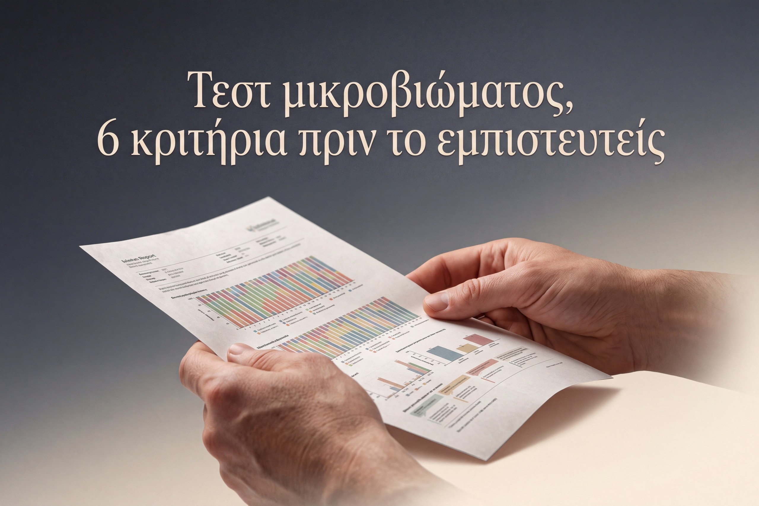 Τεστ μικροβιώματος, χέρια κρατούν τυπωμένη αναφορά εργαστηρίου με έγχρωμα ραβδογράμματα