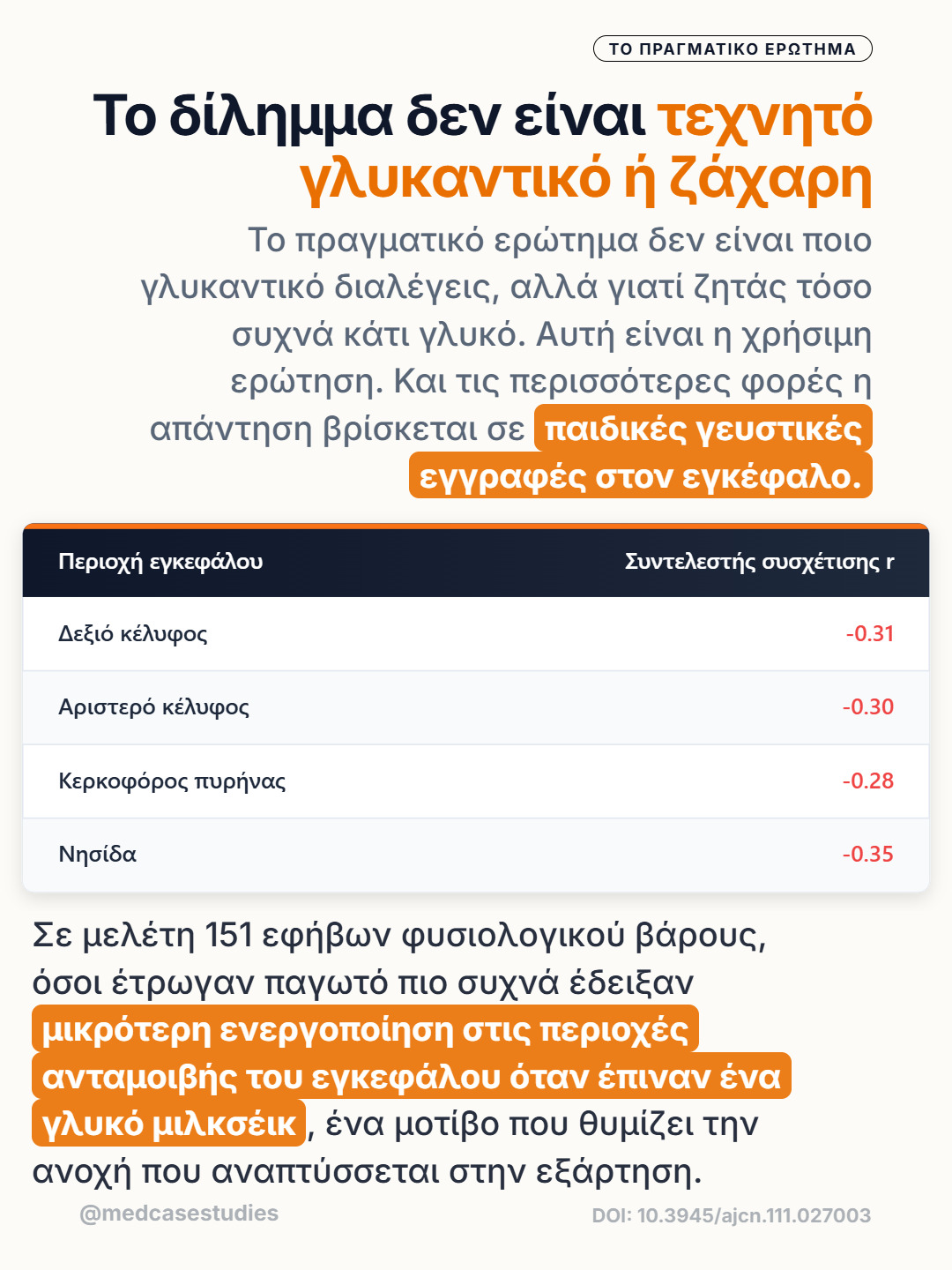 Πίνακας συσχετίσεων εγκεφαλικών περιοχών και κείμενο για αναζήτηση γλυκών γεύσεων σε εφήβους.