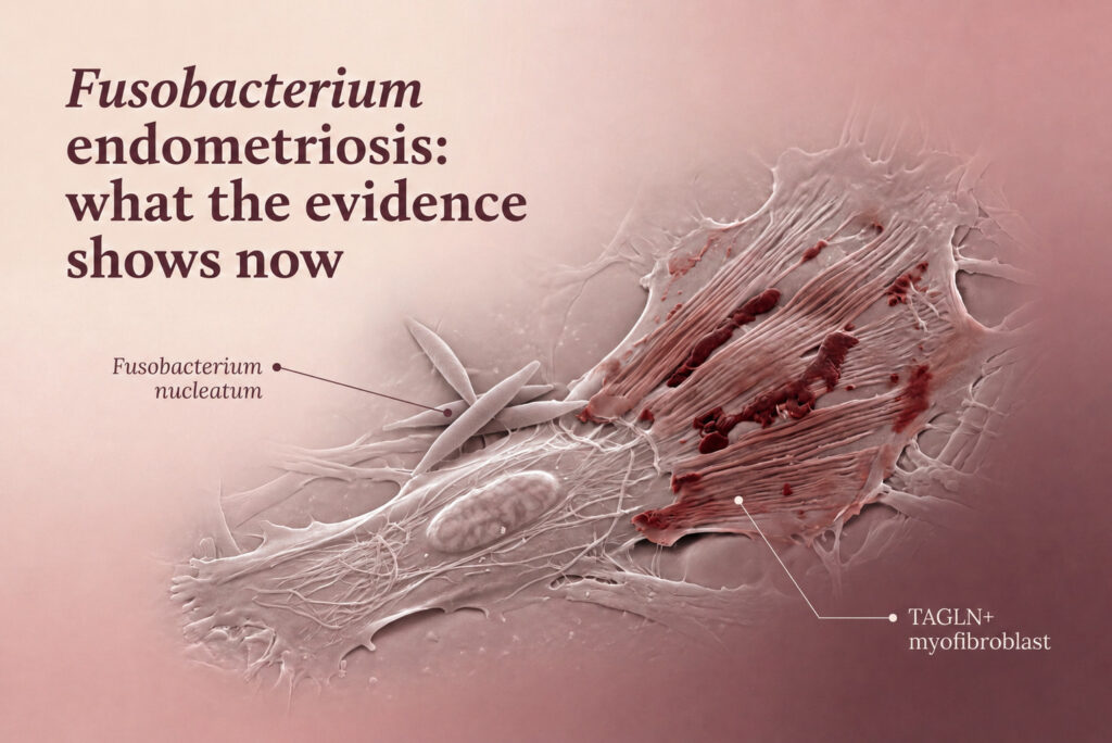 Fusobacterium endometriosis cover showing Fusobacterium nucleatum beside a TAGLN-positive myofibroblast