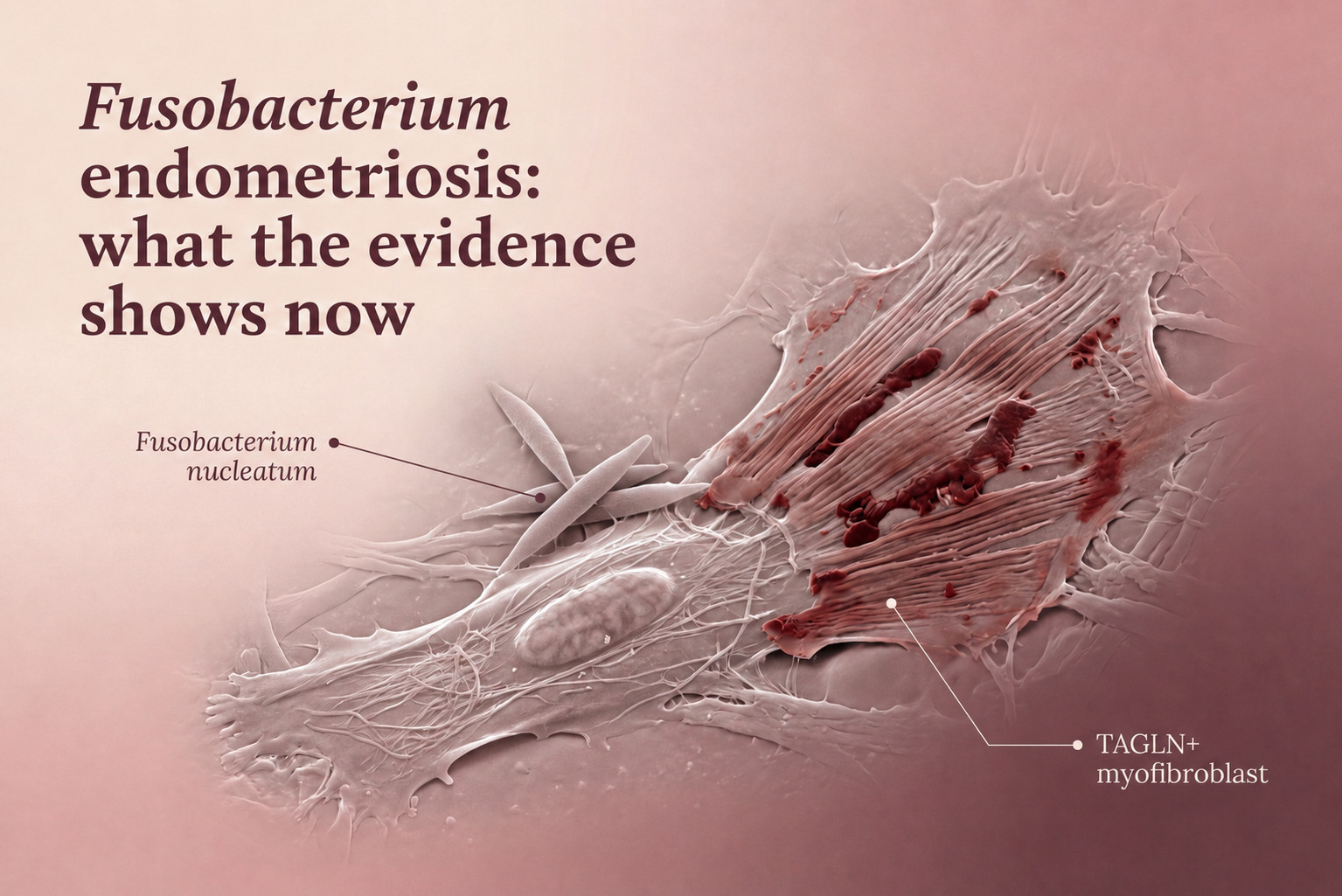 Fusobacterium endometriosis cover showing Fusobacterium nucleatum beside a TAGLN-positive myofibroblast