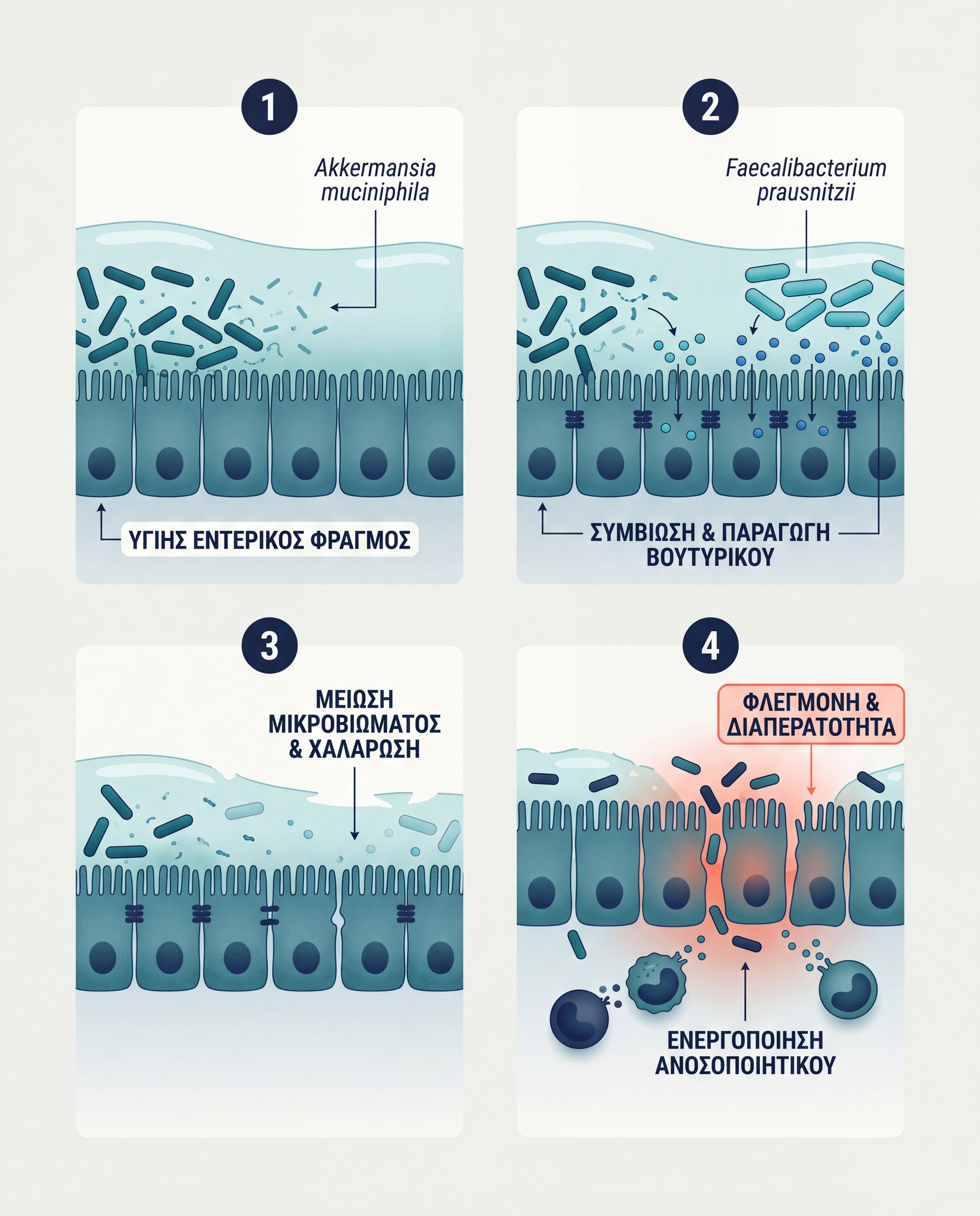Infographic τεσσάρων βημάτων για τη δράση της Akkermansia muciniphila στον βλεννογόνο σε νόσο Crohn