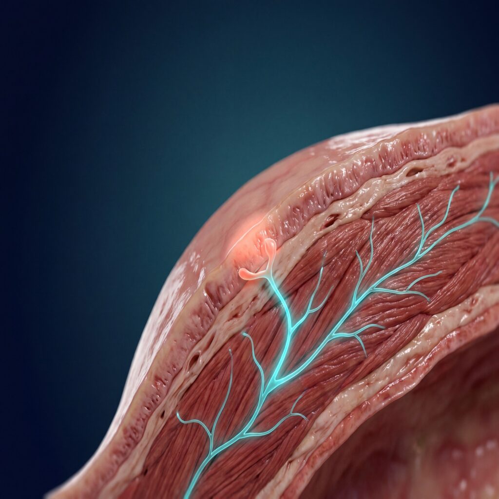 Anatomical view of the stomach and sensory nerve endings that carry the feeling of fullness