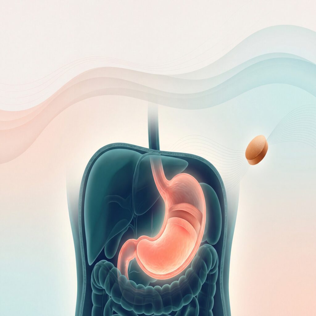 Antibiotics and stomach pain shown as a calm medical illustration of the upper abdomen and stomach.