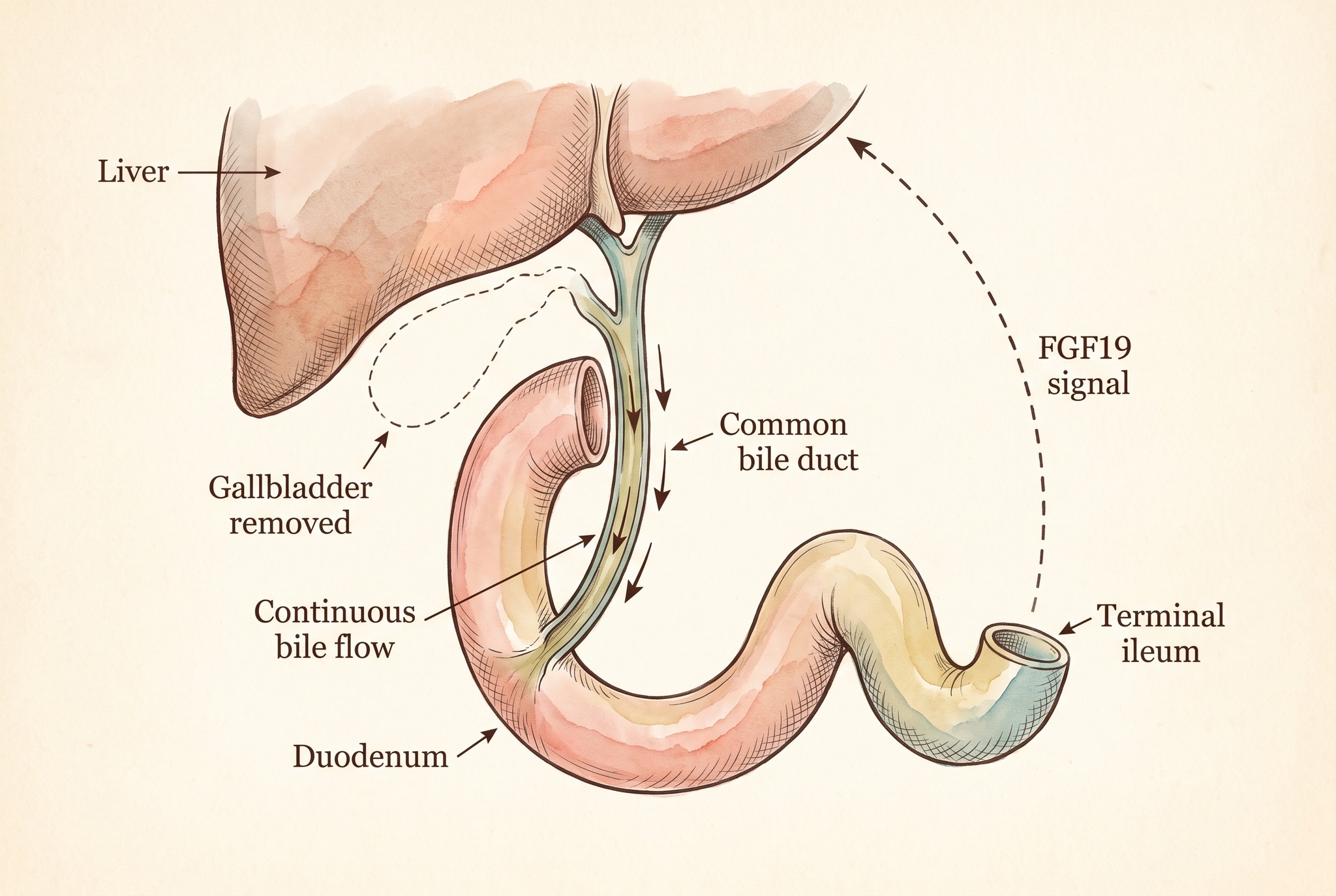 Illustration of bile flowing continuously from the liver through the common bile duct into the duodenum after gallbladder removal, with the FGF19 signal returning from the terminal ileum