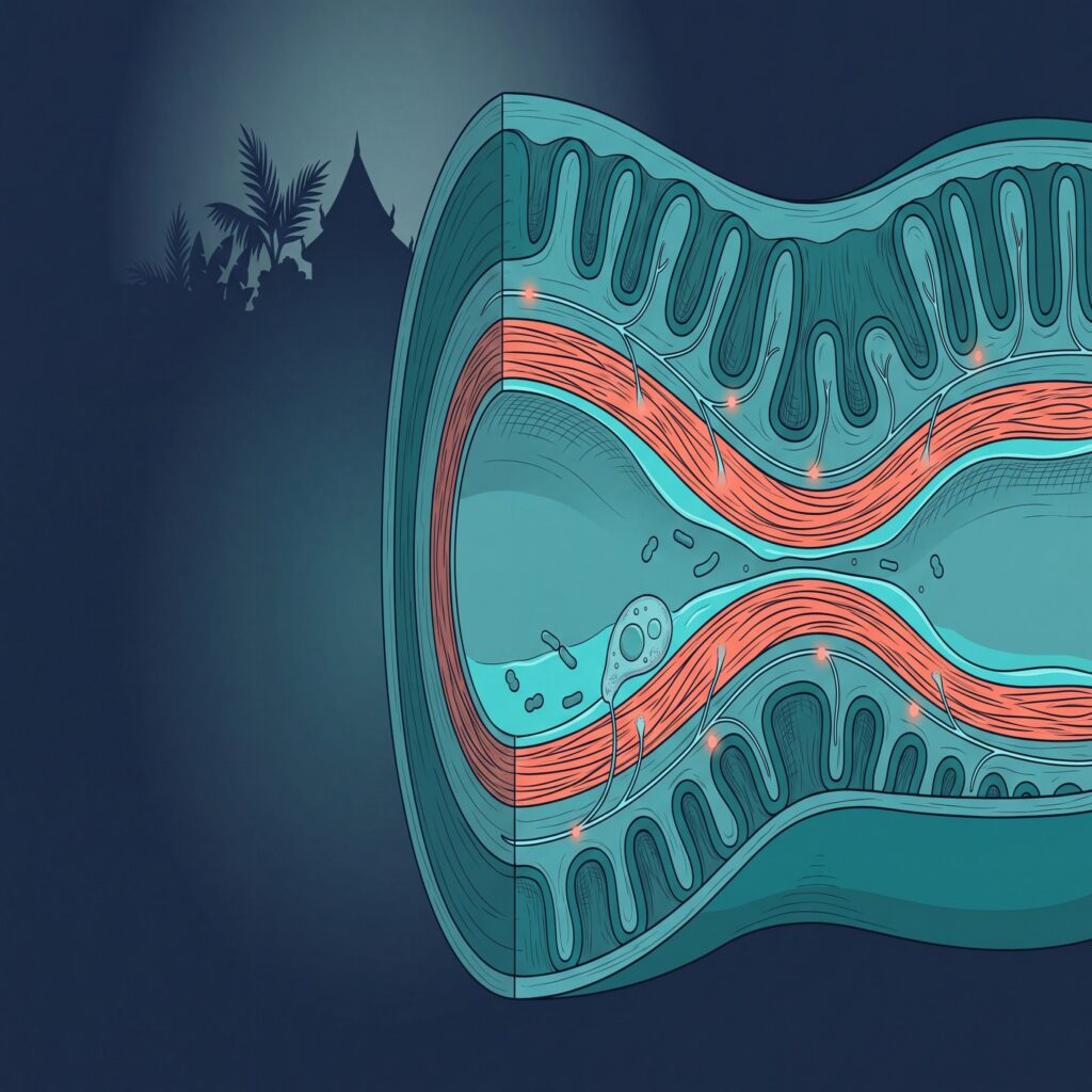 Schematic depiction of gut colonization by Blastocystis hominis after travel, in Alberts style
