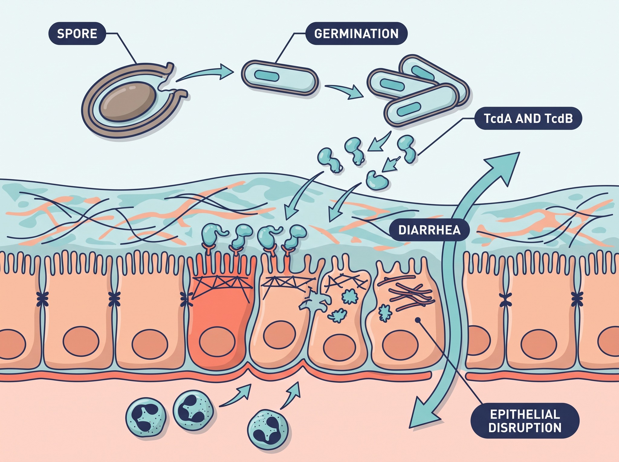 Spore germination, toxin production, and the effects of C. difficile on the intestinal epithelium