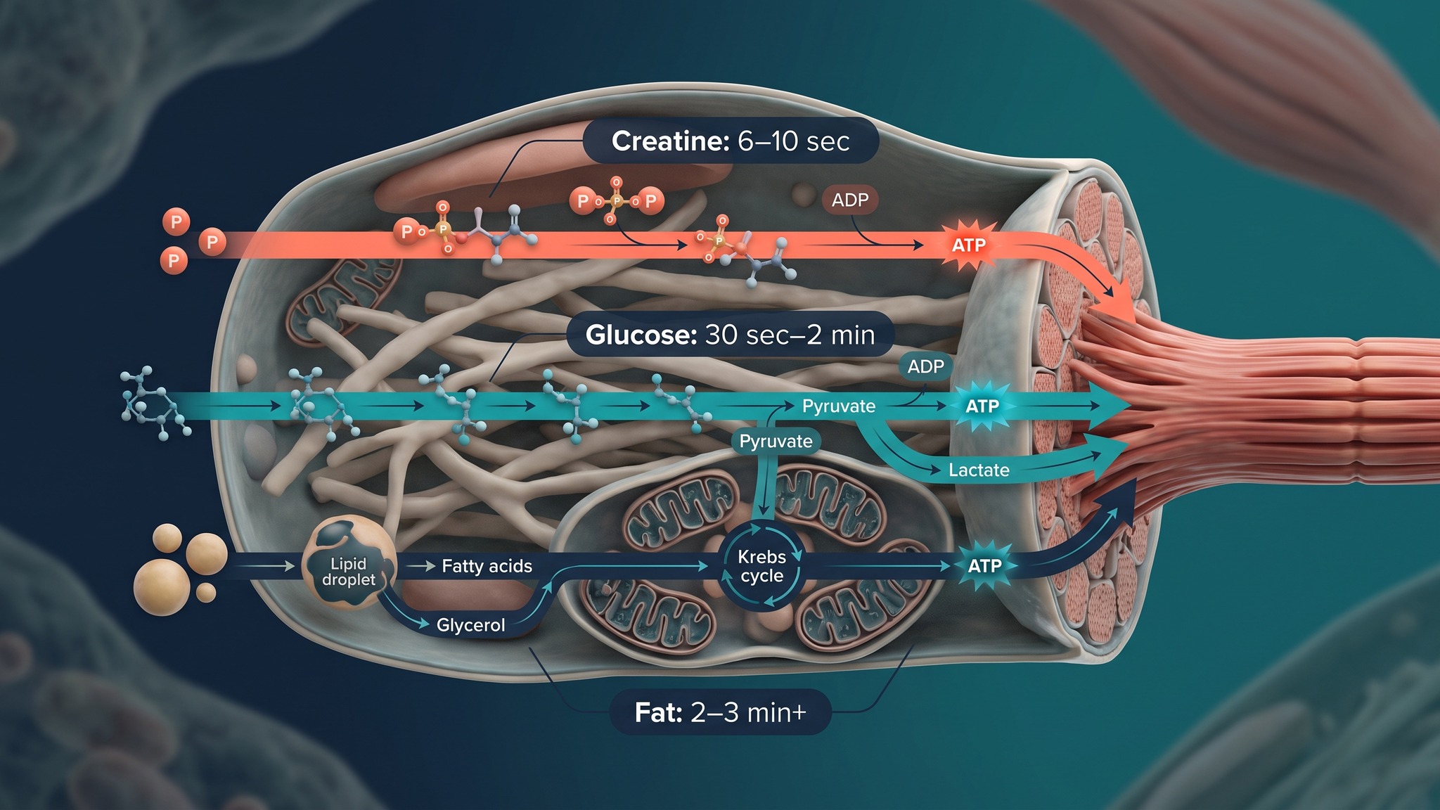 Diagram comparing how quickly creatine, glucose, and fat each supply energy to contracting muscle and nerve cells