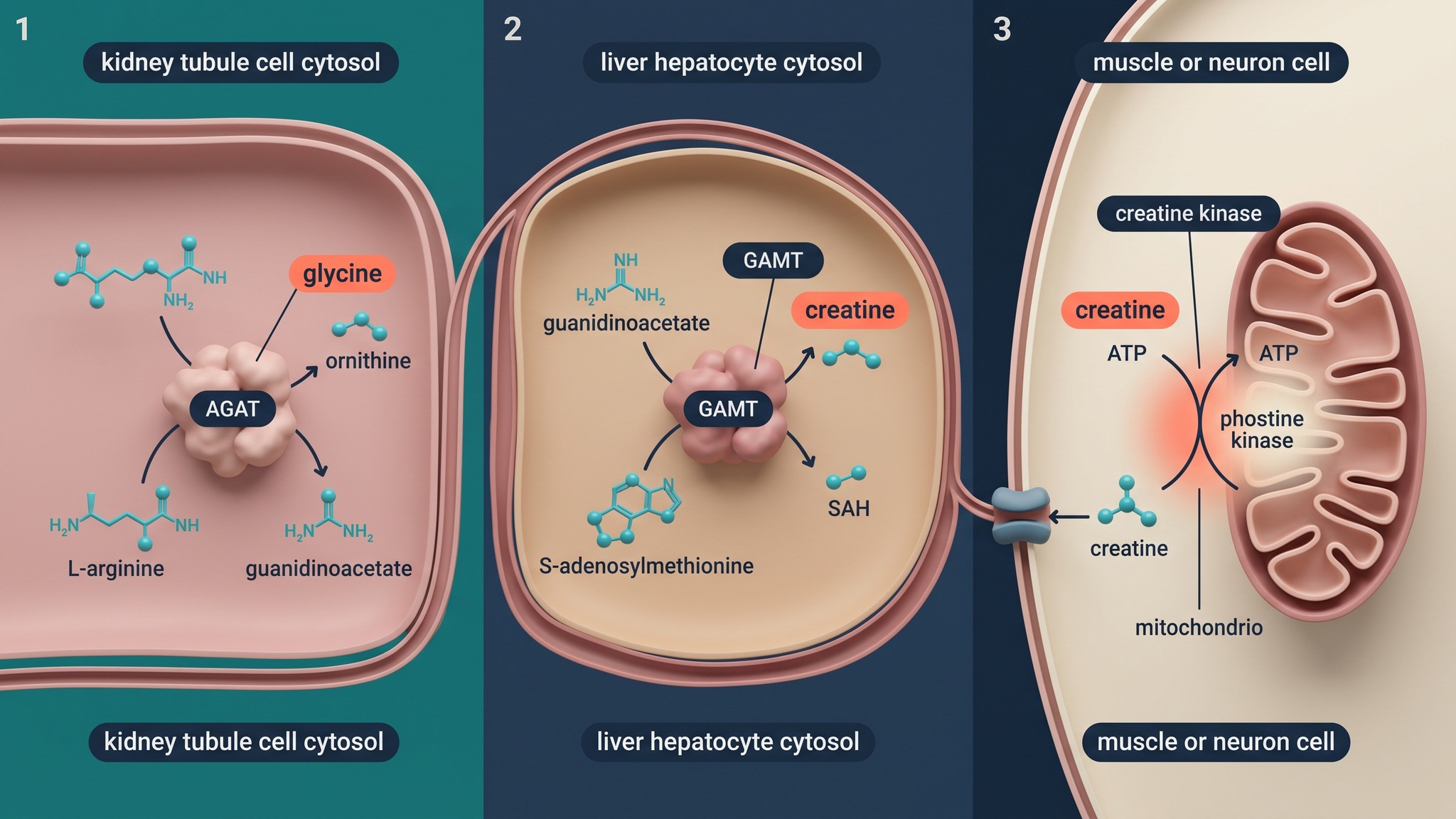 Creatine synthesis pathway showing glycine and arginine entering AGAT in the kidney, guanidinoacetate becoming creatine via GAMT in the liver, and creatine kinase buffering ATP in a muscle or neuron mitochondrion