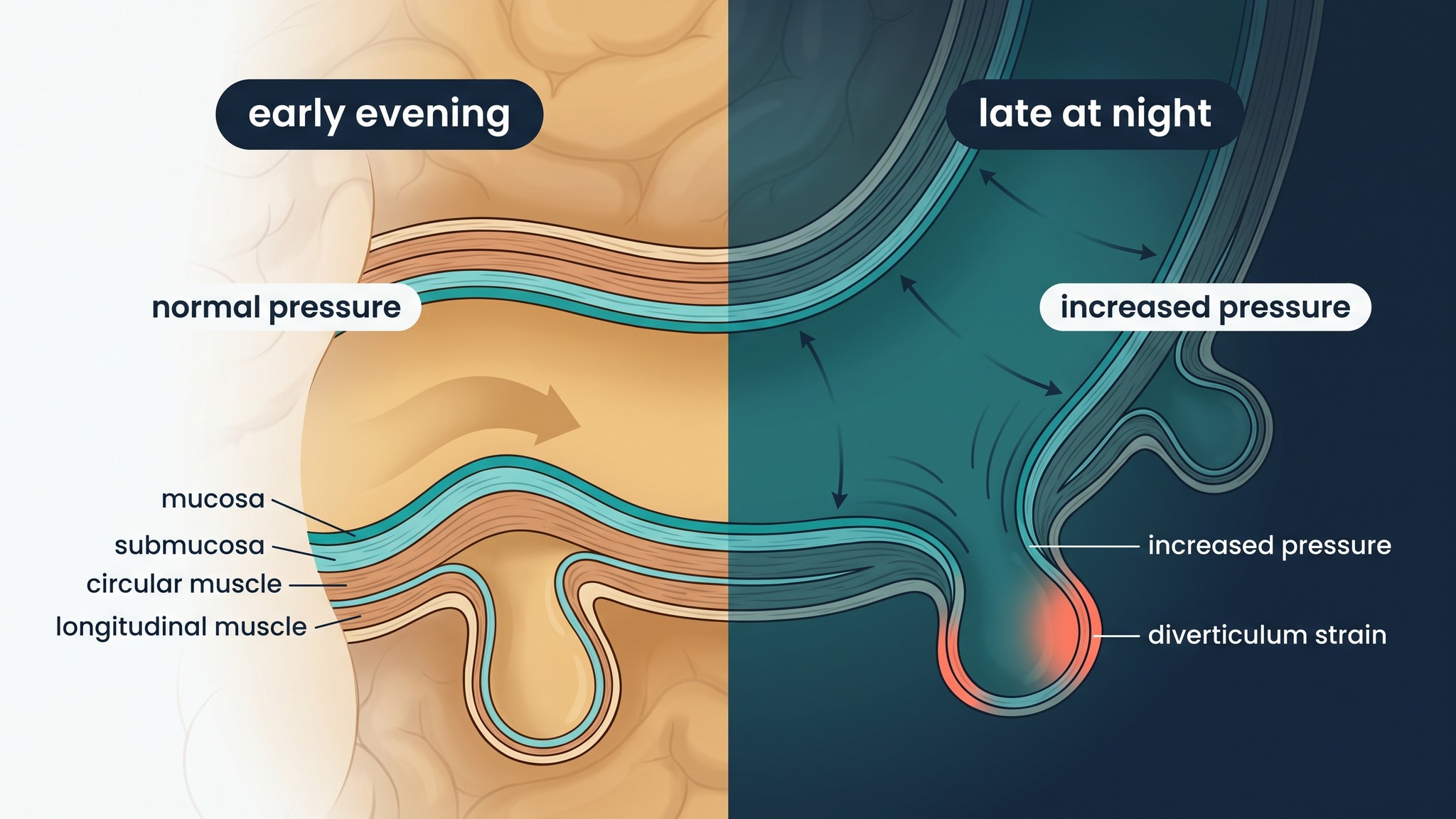 Illustration of the relationship between dinner time and the pressure on colon diverticula