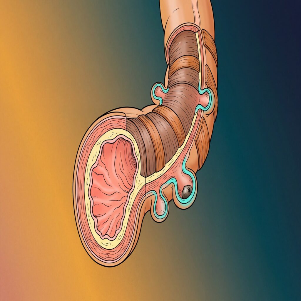 Artistic illustration in cell-biology style of the colon wall with diverticula, transitioning from afternoon into night
