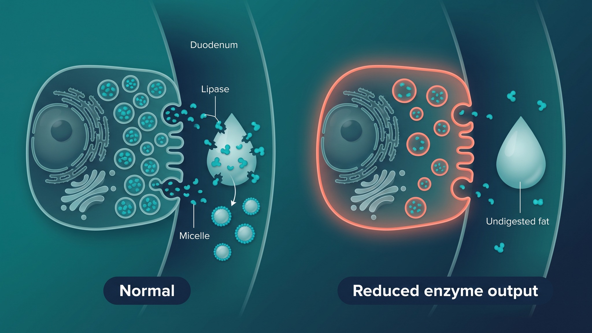Diagram comparing normal pancreatic enzyme release into the duodenum with reduced enzyme output in exocrine pancreatic insufficiency, showing undigested fat passing through