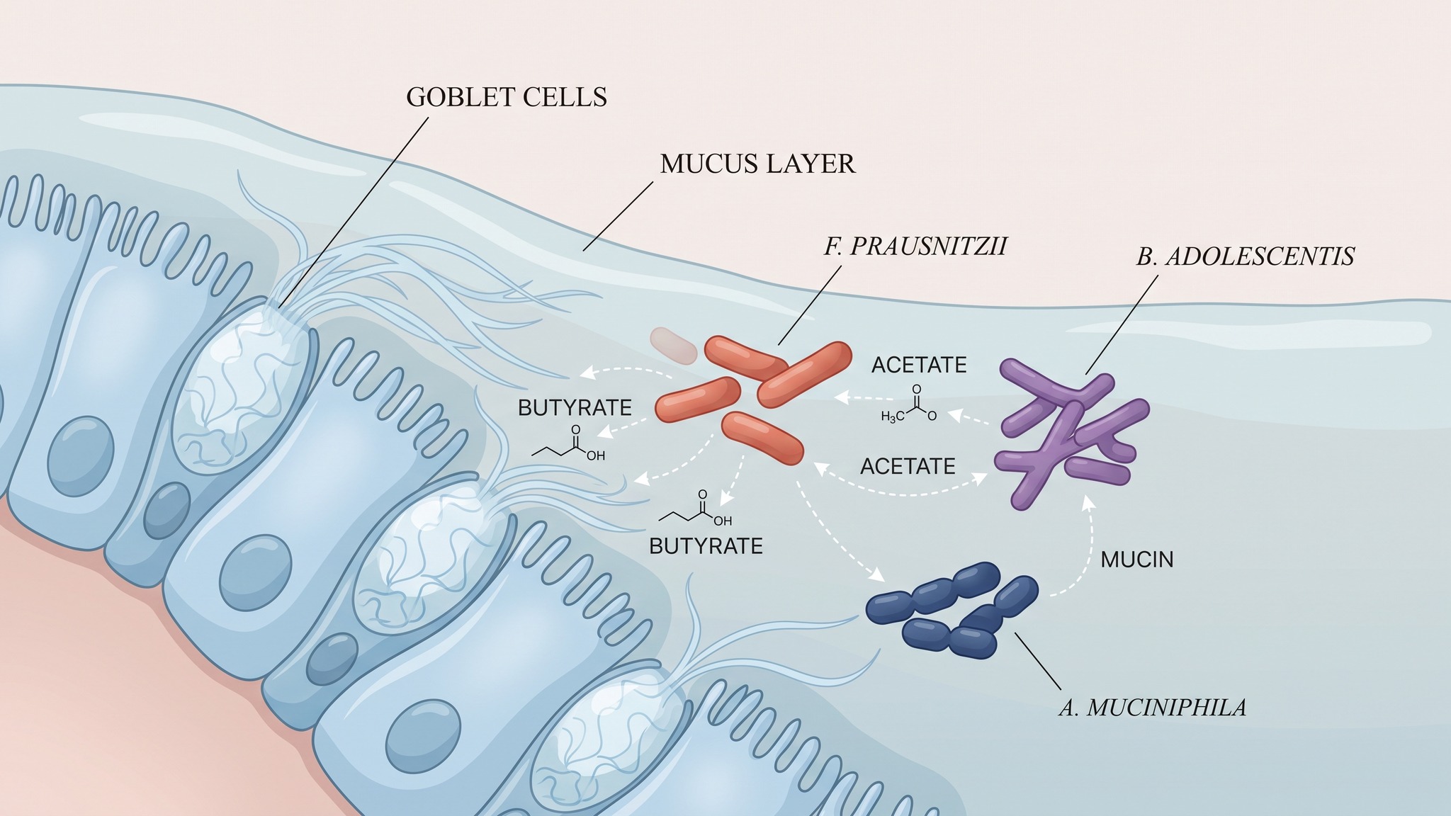 Faecalibacterium prausnitzii cross-feeding with Bifidobacterium and Akkermansia in the gut mucus layer