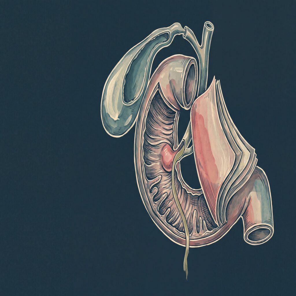 Illustration of the duodenum opened to show the major duodenal papilla, where bile enters the intestine after gallbladder removal