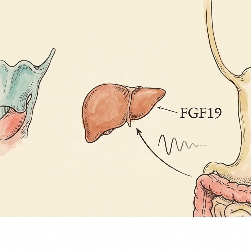 Hand-inked liver with a fading FGF19 signal wave, showing the rhythm of the FGF19 brake weakening after cholecystectomy