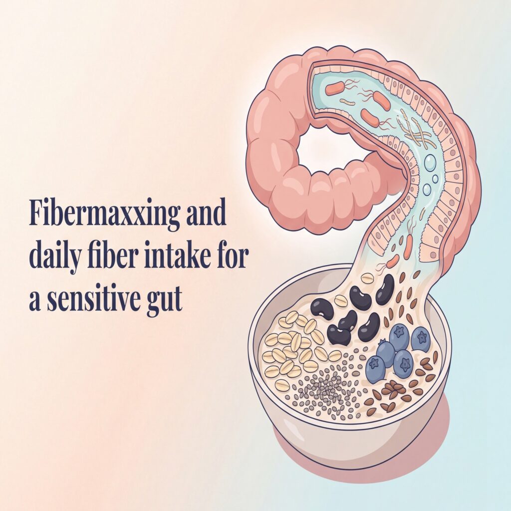 Fibermaxxing illustration of a high-fiber bowl of oats, chia, beans and berries flowing into a colon loop with gut bacteria