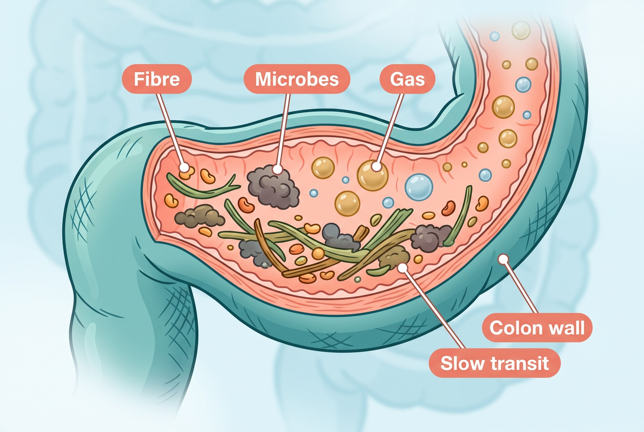 Cross-sectional scientific illustration of fibre particles entering the colon and being fermented by microbes