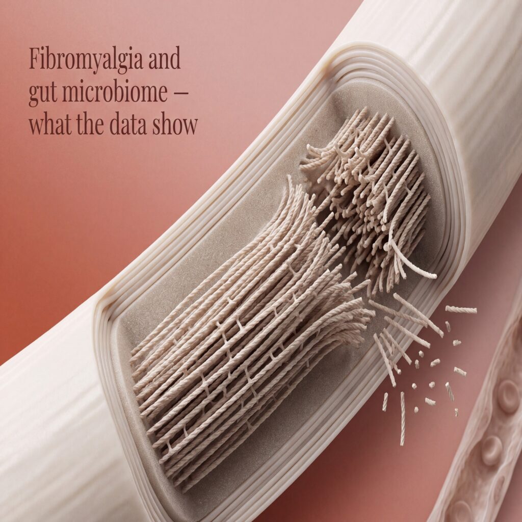 Fibromyalgia and gut microbiome, extreme macro cross-section of an axon with neurofilaments fracturing