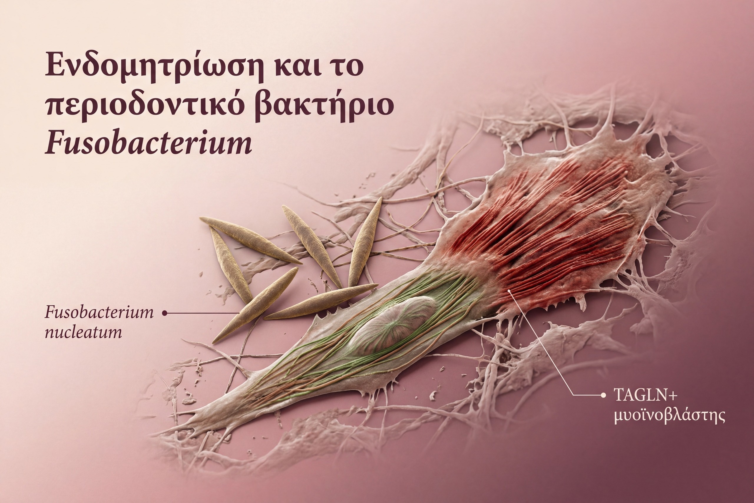 Εξώφυλλο για το Fusobacterium και την ενδομητρίωση, με το Fusobacterium nucleatum δίπλα σε έναν TAGLN-θετικό μυοϊνοβλάστη