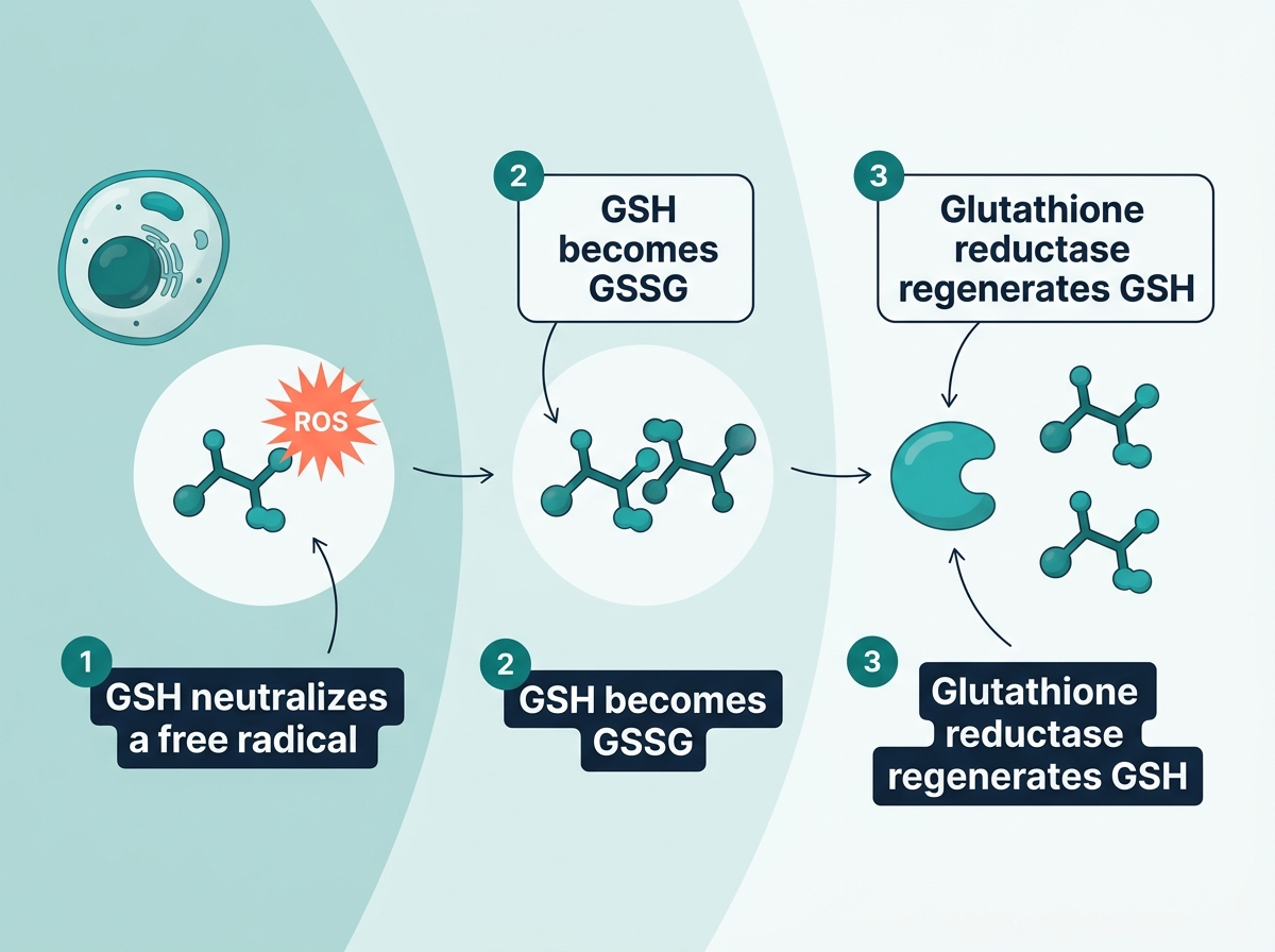 Diagram of the glutathione antioxidant cycle, showing GSH neutralizing a free radical and glutathione reductase regenerating it