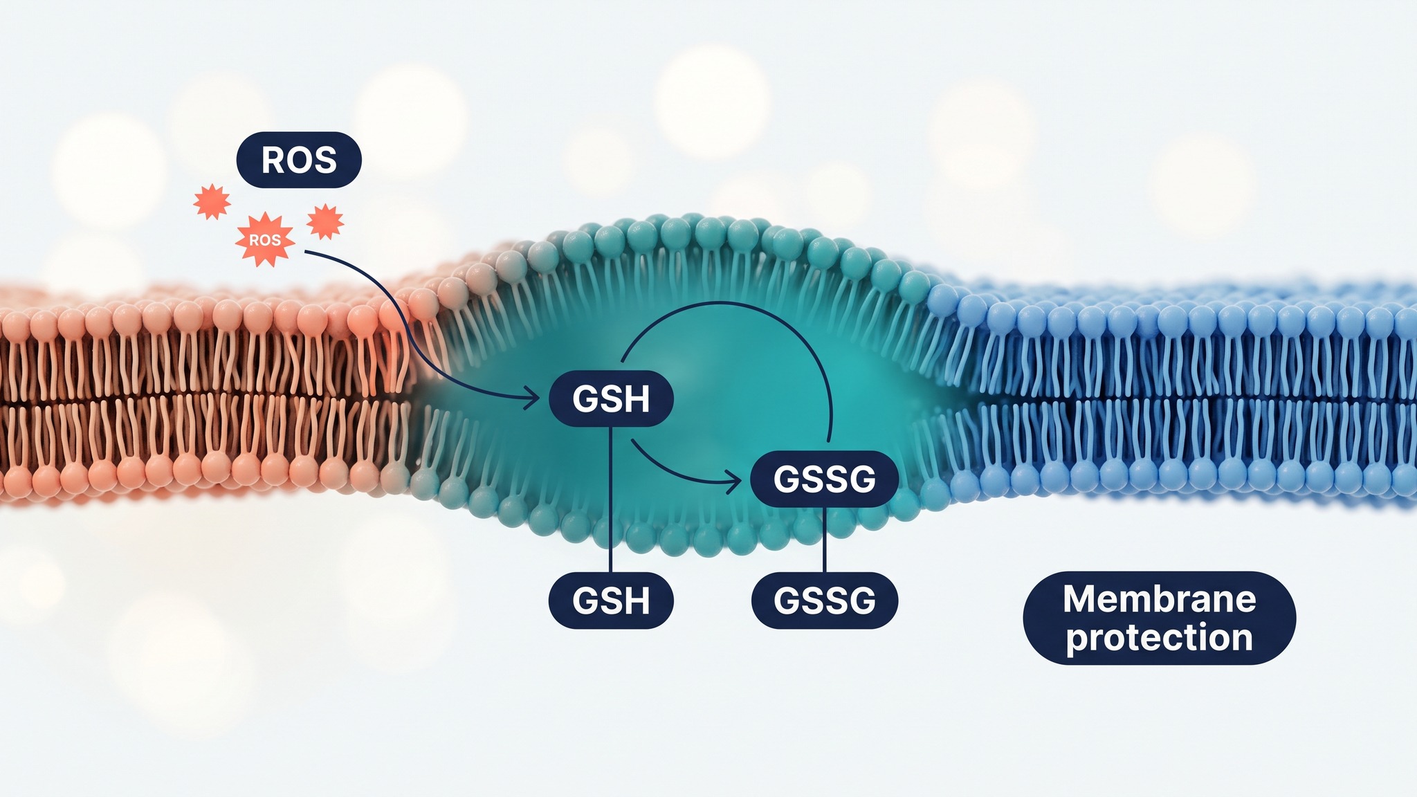 Clean medical infographic showing glutathione protecting a neuronal membrane from reactive oxygen species in autism spectrum disorder