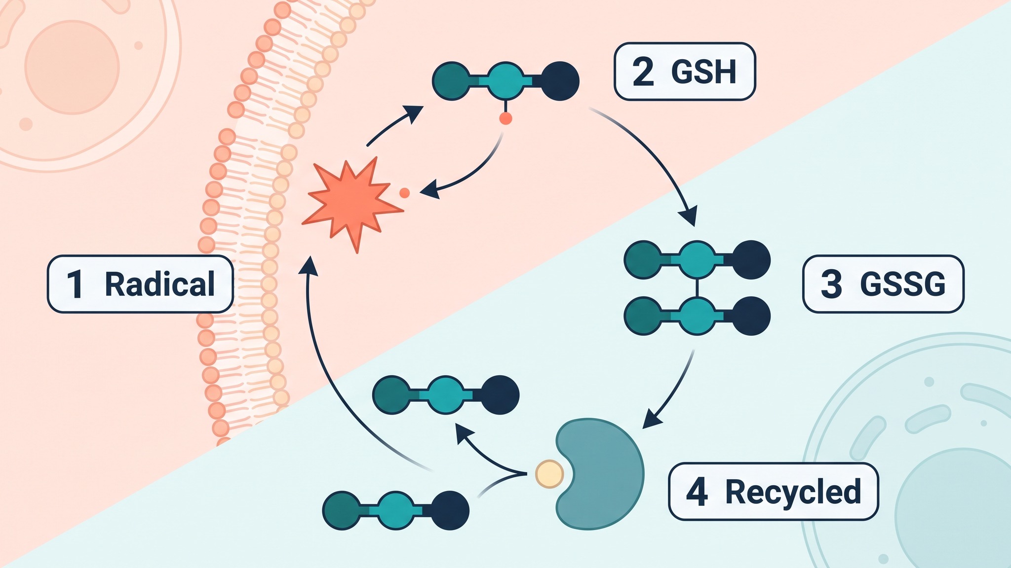 Glutathione redox cycle diagram for glutathione deficiency and autism, showing a radical neutralized by GSH, GSSG forming and reductase recycling it
