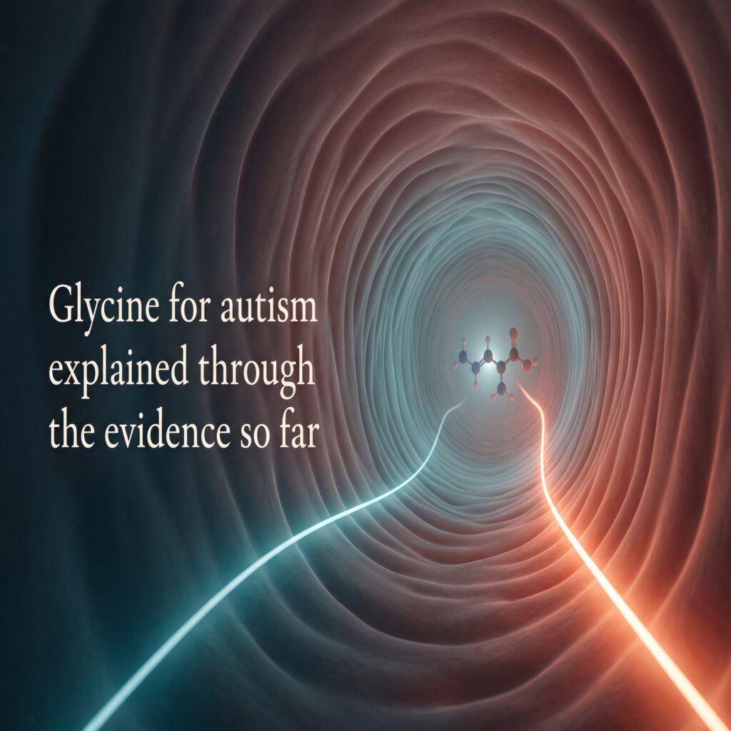Glycine for autism shown as two glowing paths inside a neural tunnel converging on a creatine molecule