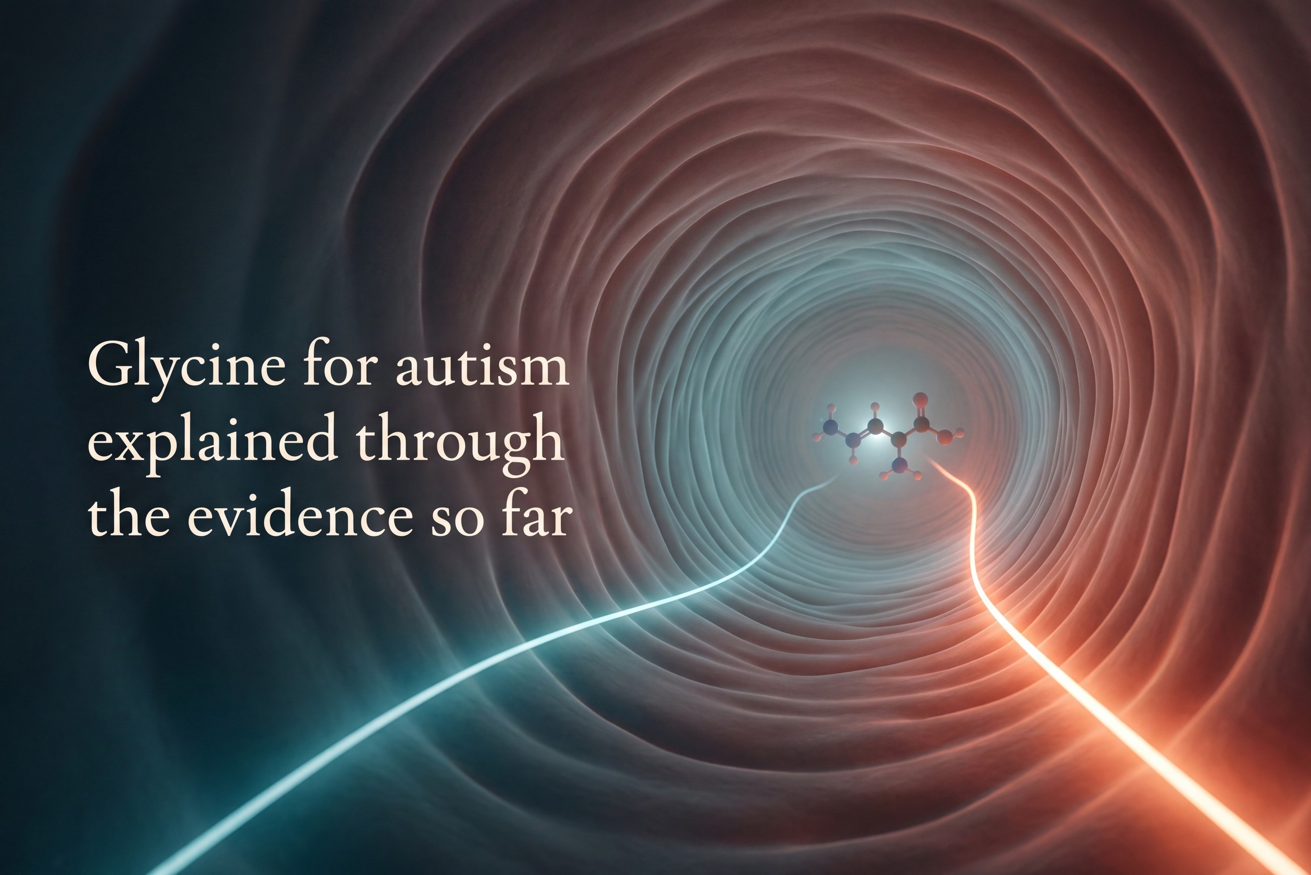 Glycine for autism shown as two glowing paths inside a neural tunnel converging on a creatine molecule