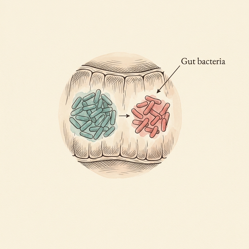 Hand-inked clusters of gut bacteria shifting from teal rods to rose rods after gallbladder removal