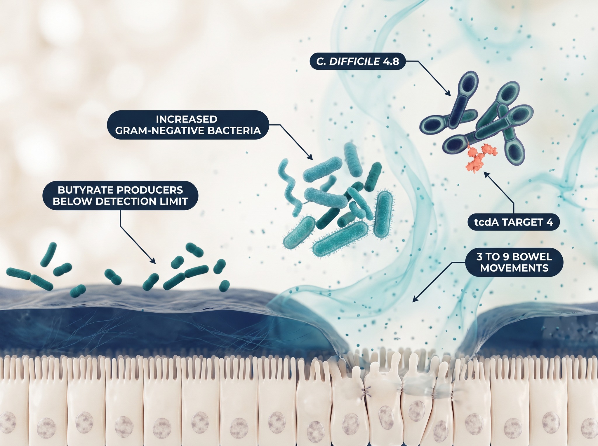 Low butyrate producers, increased Gram-negative bacteria, and C. difficile detection