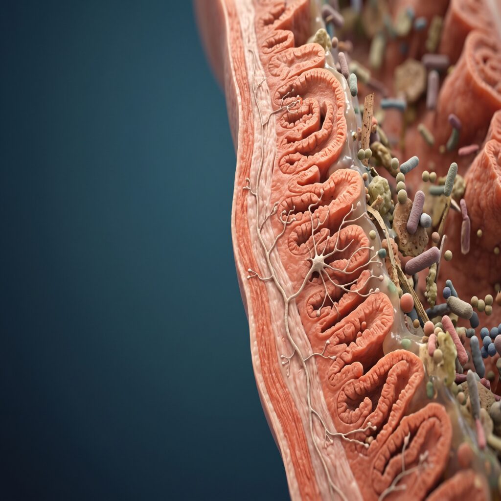 Textless biomedical cutaway of a colon with fibre particles, microbes and enteric nerves