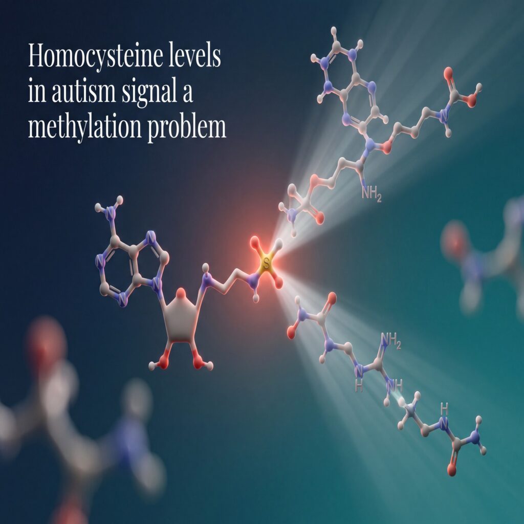 A SAM molecule branching toward methylation and creatine synthesis, illustrating elevated homocysteine and autism spectrum disorder